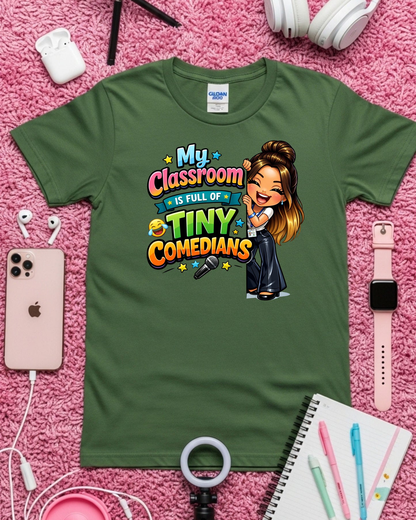 Tiny Comedians Teacher Shirt Funny Classroom Tee Cute Cartoon Teacher Graphic T‑Shirt Colourful School Humour Top