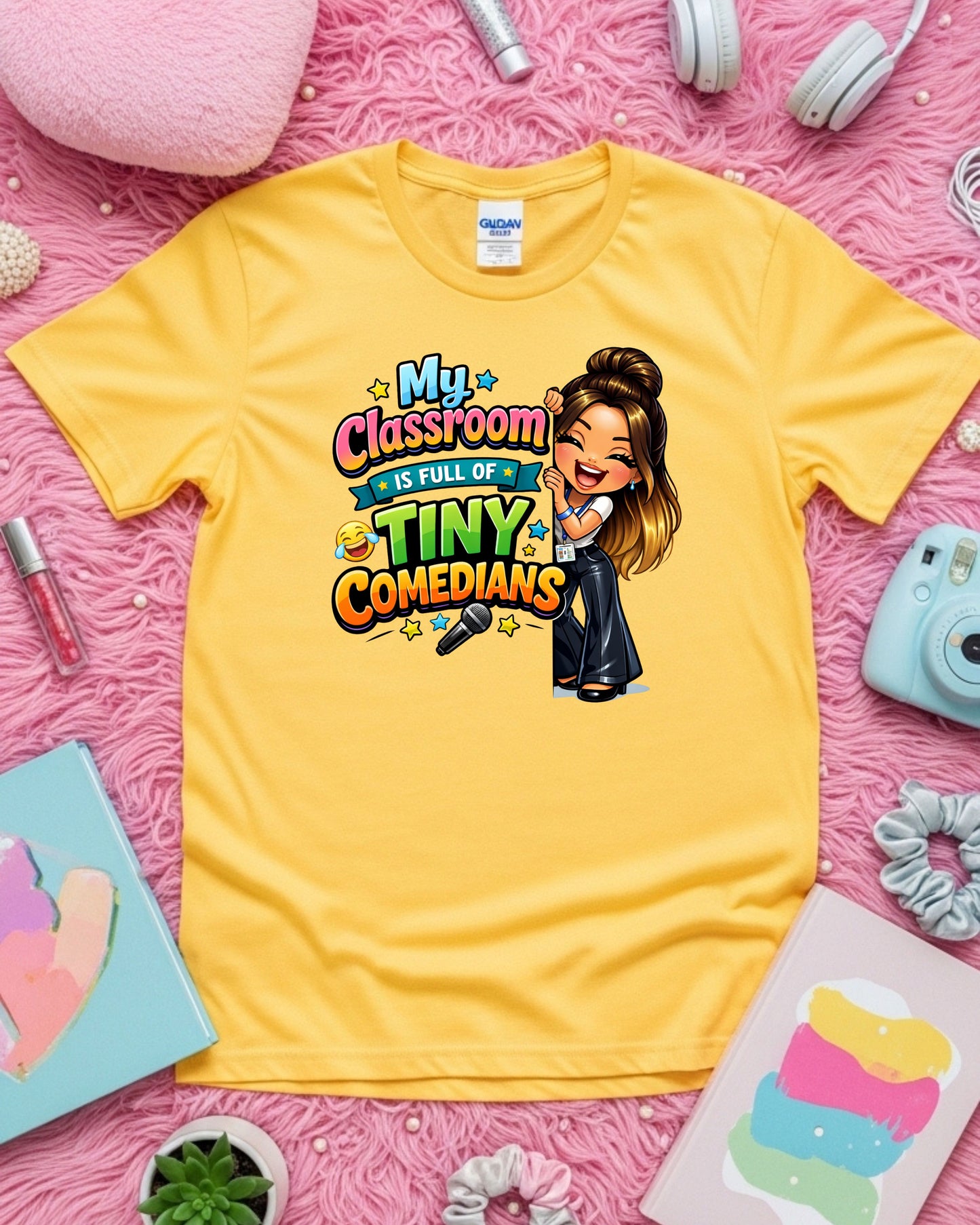 Tiny Comedians Teacher Shirt Funny Classroom Tee Cute Cartoon Teacher Graphic T‑Shirt Colourful School Humour Top