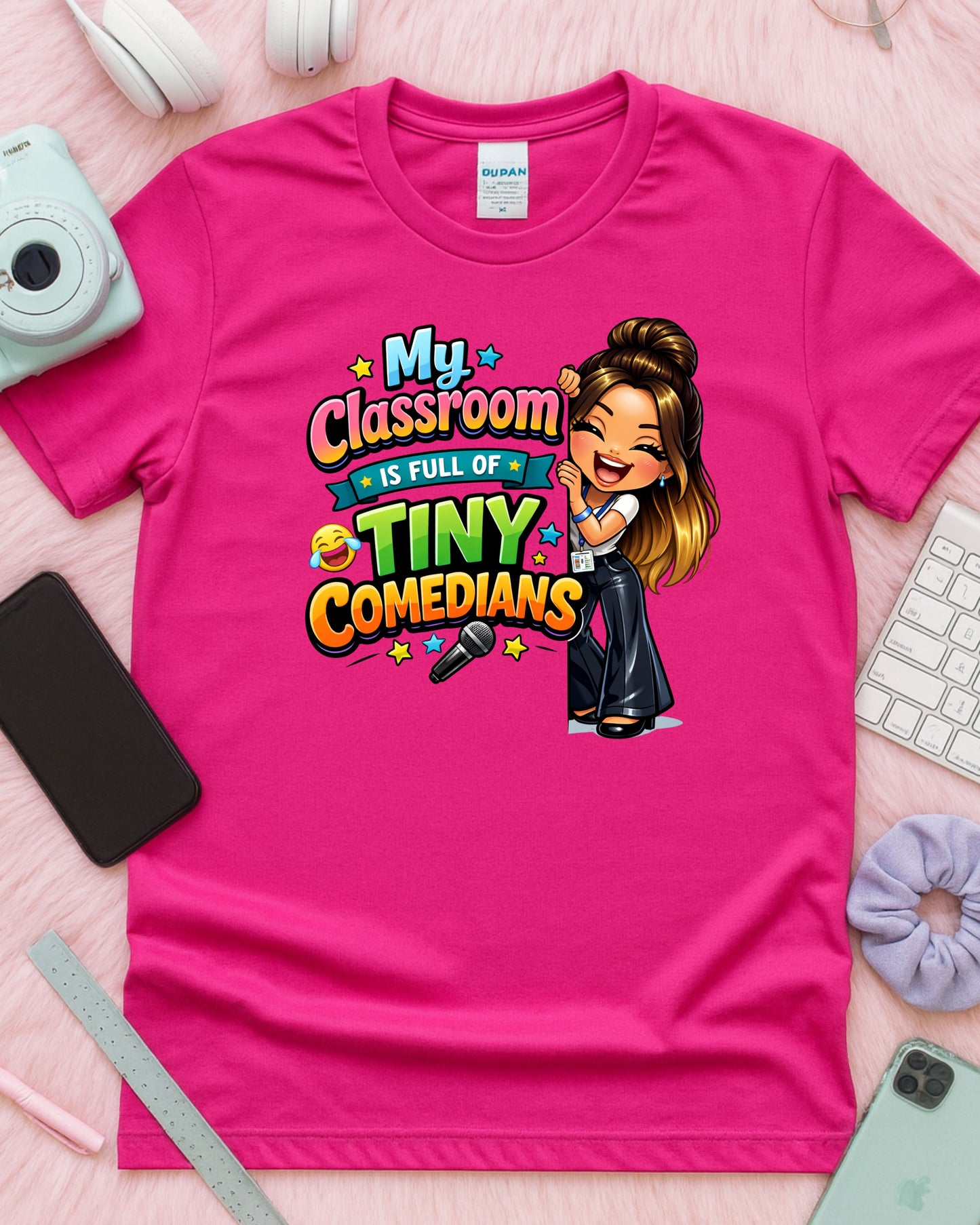 Tiny Comedians Teacher Shirt Funny Classroom Tee Cute Cartoon Teacher Graphic T‑Shirt Colourful School Humour Top