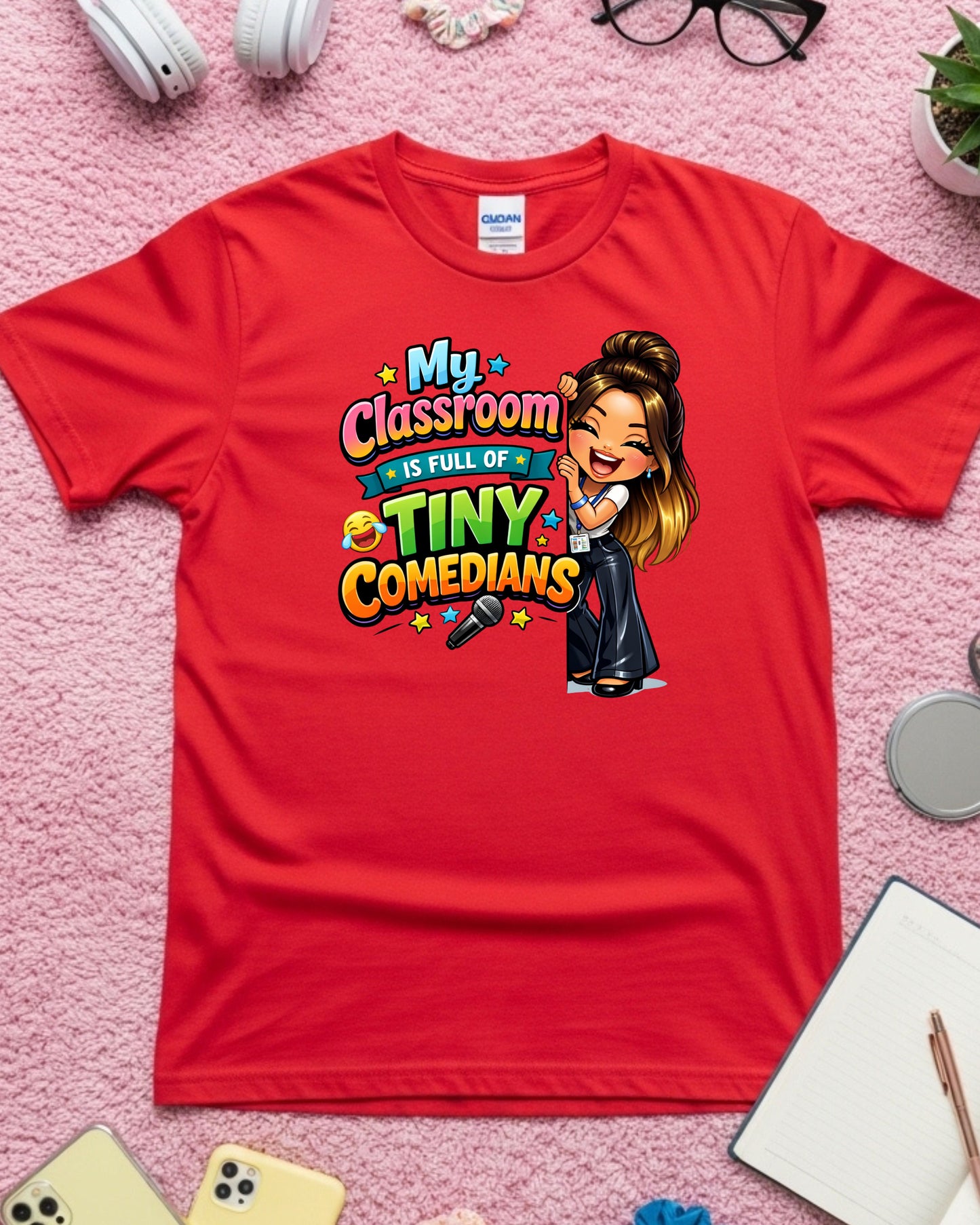 Tiny Comedians Teacher Shirt Funny Classroom Tee Cute Cartoon Teacher Graphic T‑Shirt Colourful School Humour Top