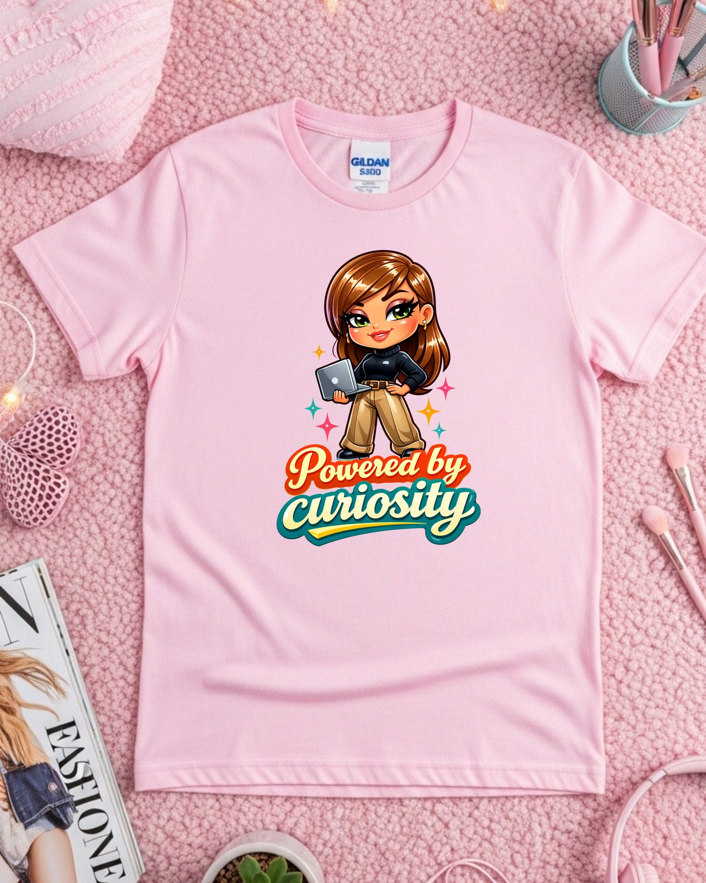 Powered by Curiosity Shirt Motivational Graphic Tee Cute Tech Girl T‑Shirt Learning Mindset Top
