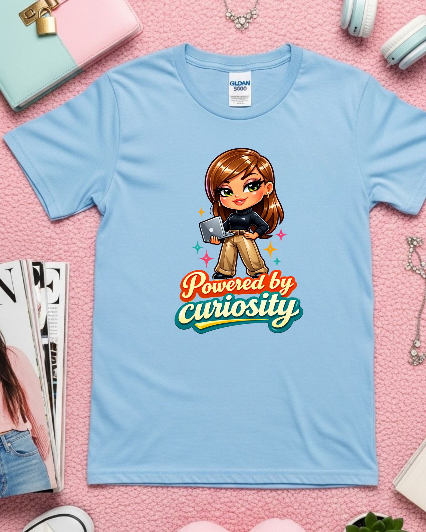 Powered by Curiosity Shirt Motivational Graphic Tee Cute Tech Girl T‑Shirt Learning Mindset Top