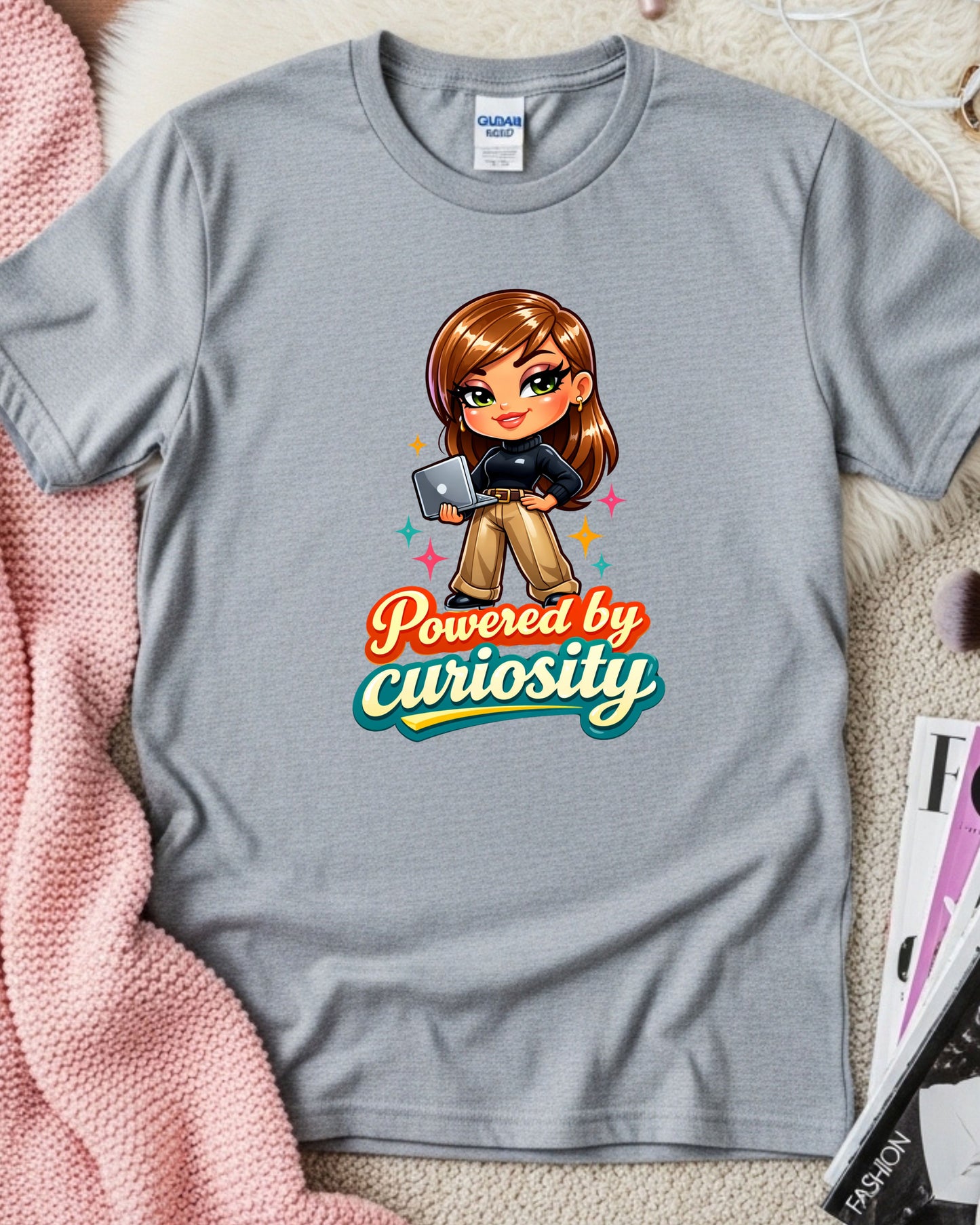 Powered by Curiosity Shirt Motivational Graphic Tee Cute Tech Girl T‑Shirt Learning Mindset Top