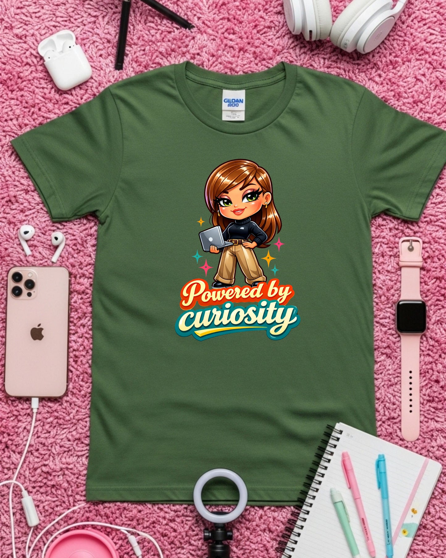 Powered by Curiosity Shirt Motivational Graphic Tee Cute Tech Girl T‑Shirt Learning Mindset Top