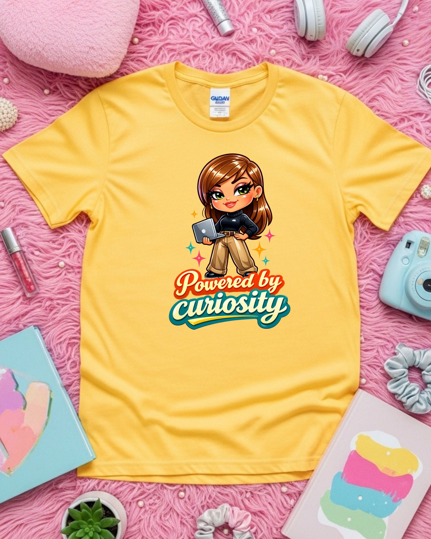 Powered by Curiosity Shirt Motivational Graphic Tee Cute Tech Girl T‑Shirt Learning Mindset Top
