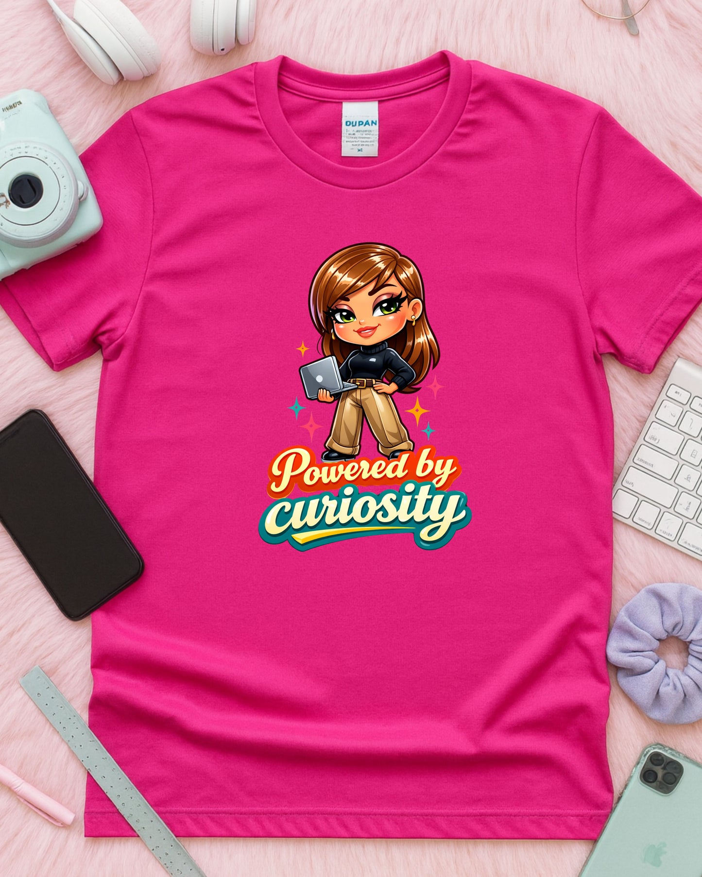 Powered by Curiosity Shirt Motivational Graphic Tee Cute Tech Girl T‑Shirt Learning Mindset Top