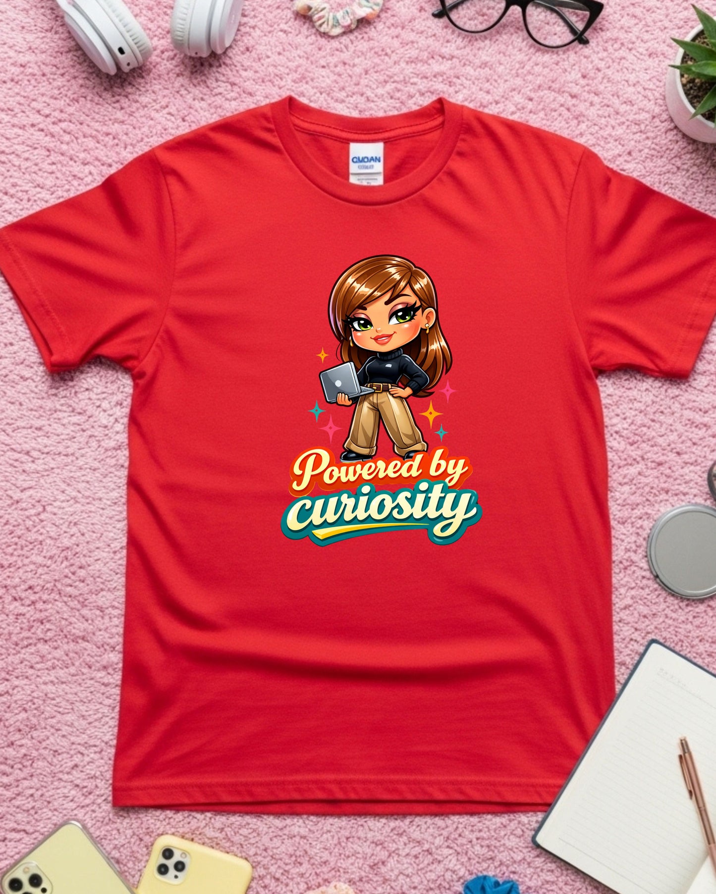 Powered by Curiosity Shirt Motivational Graphic Tee Cute Tech Girl T‑Shirt Learning Mindset Top