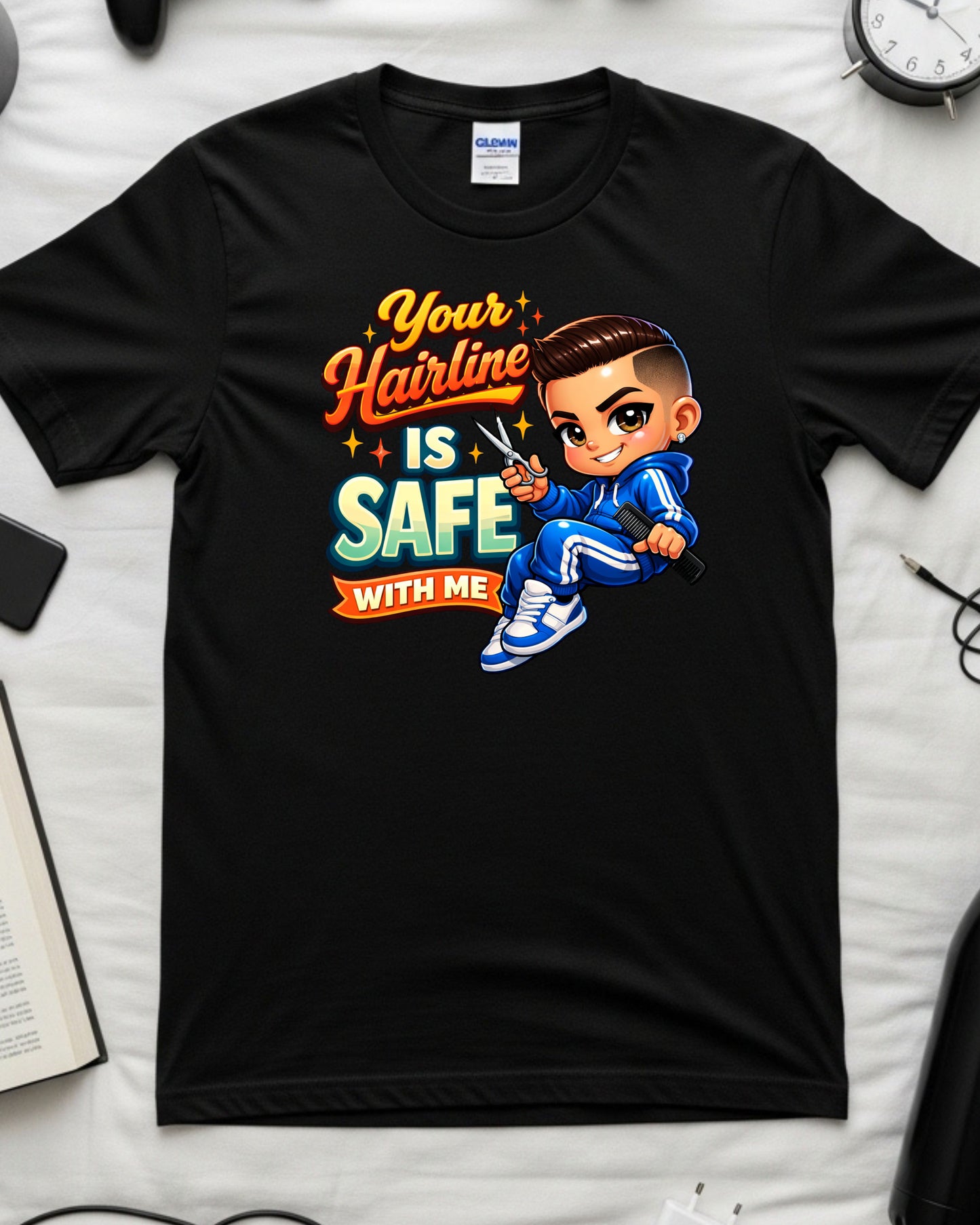 Your Hairline Is Safe With Me Shirt Funny Barber Tee Fresh Fade Graphic T‑Shirt Barber Shop Humour Top Groomer & Stylist Gift