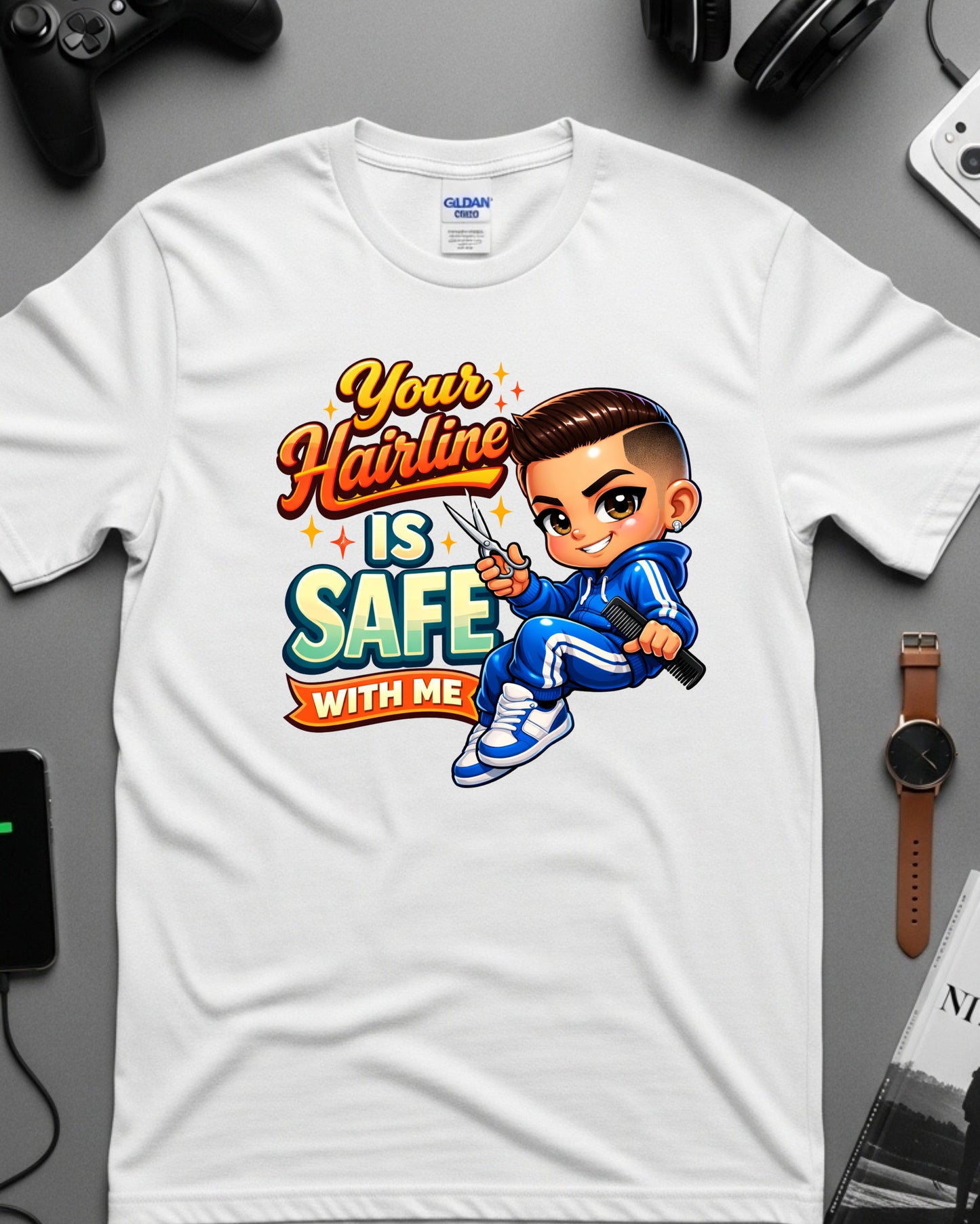Your Hairline Is Safe With Me Shirt Funny Barber Tee Fresh Fade Graphic T‑Shirt Barber Shop Humour Top Groomer & Stylist Gift