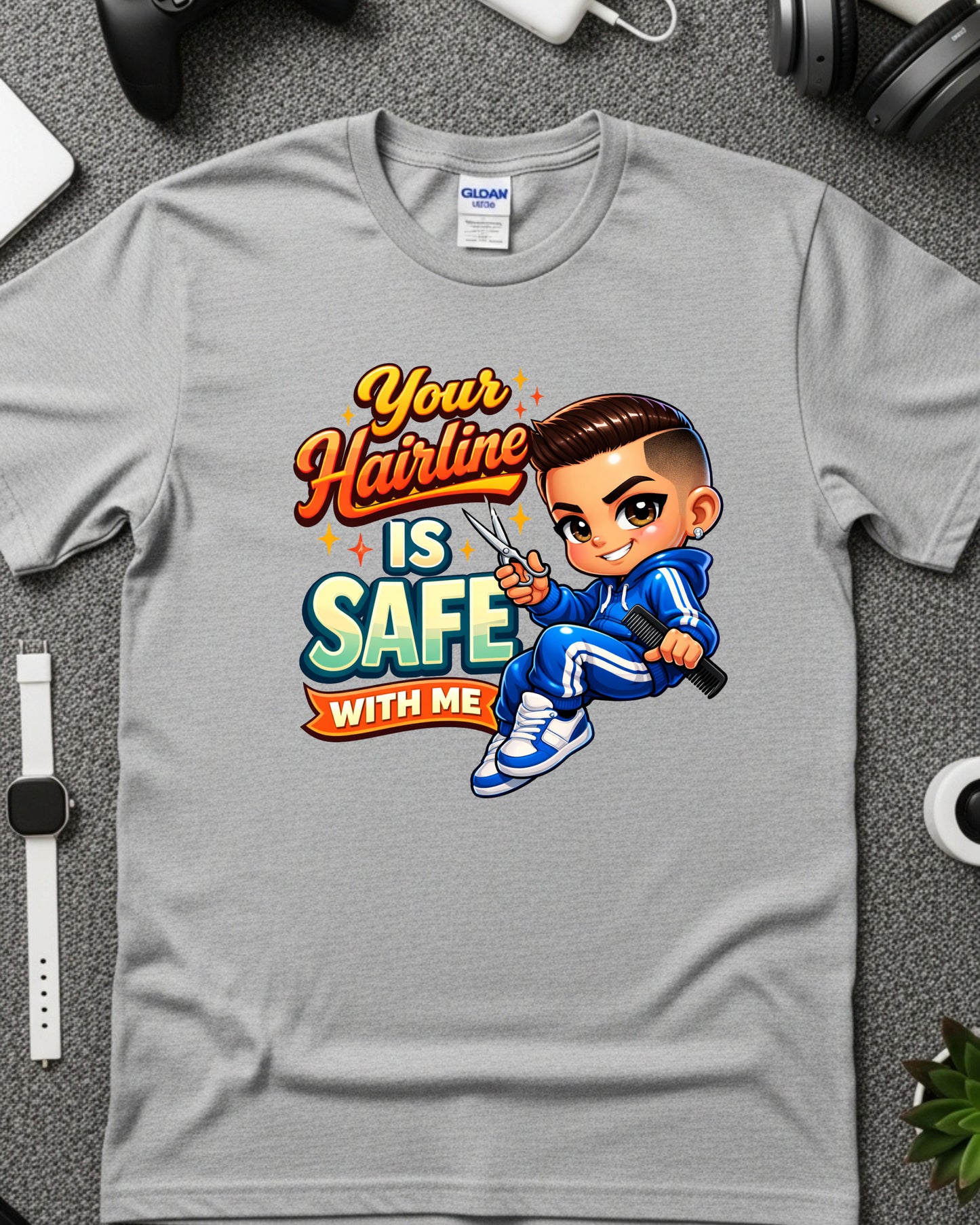 Your Hairline Is Safe With Me Shirt Funny Barber Tee Fresh Fade Graphic T‑Shirt Barber Shop Humour Top Groomer & Stylist Gift