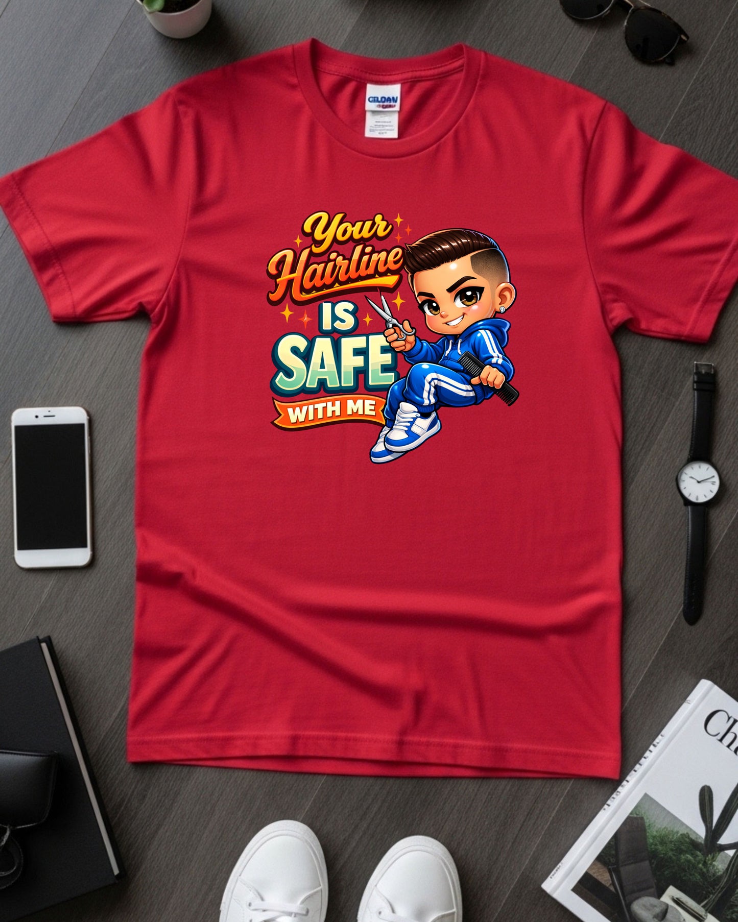 Your Hairline Is Safe With Me Shirt Funny Barber Tee Fresh Fade Graphic T‑Shirt Barber Shop Humour Top Groomer & Stylist Gift
