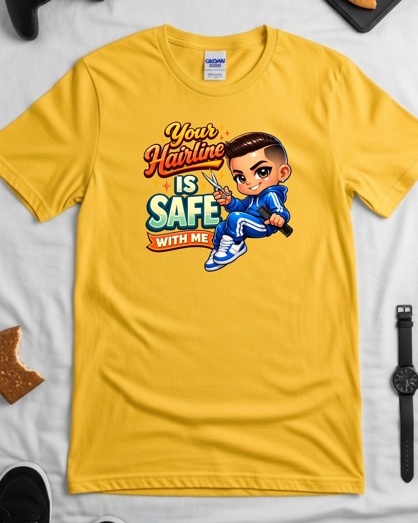 Your Hairline Is Safe With Me Shirt Funny Barber Tee Fresh Fade Graphic T‑Shirt Barber Shop Humour Top Groomer & Stylist Gift
