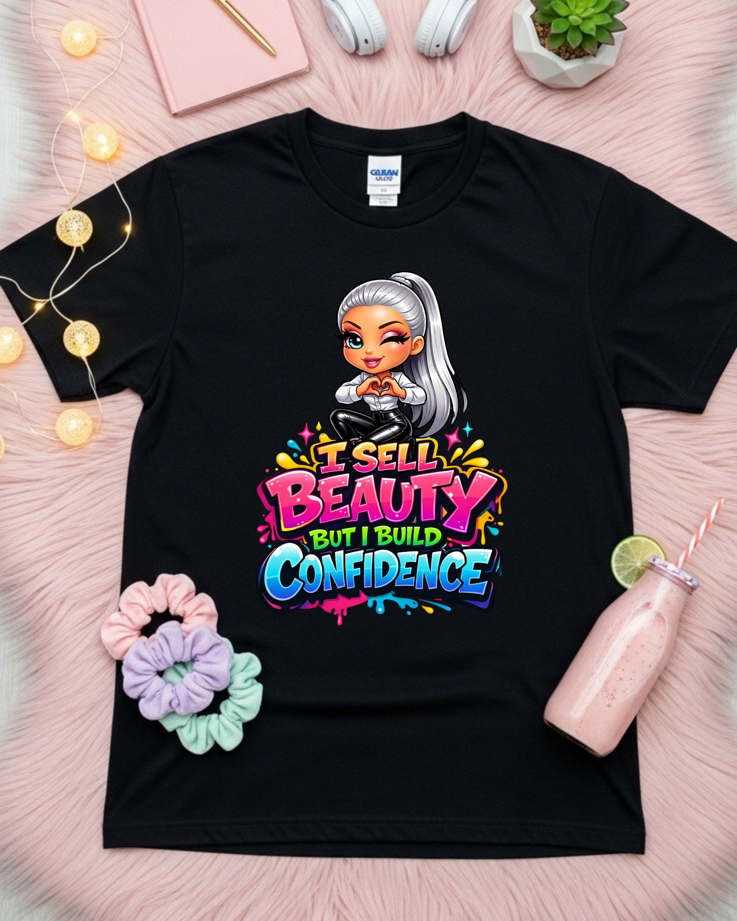 I Sell Beauty But I Build Confidence Shirt Empowering Beauty Pro Tee Stylist & Aesthetician T‑Shirt Makeup Artist Graphic Top Inspirational Gift for Women