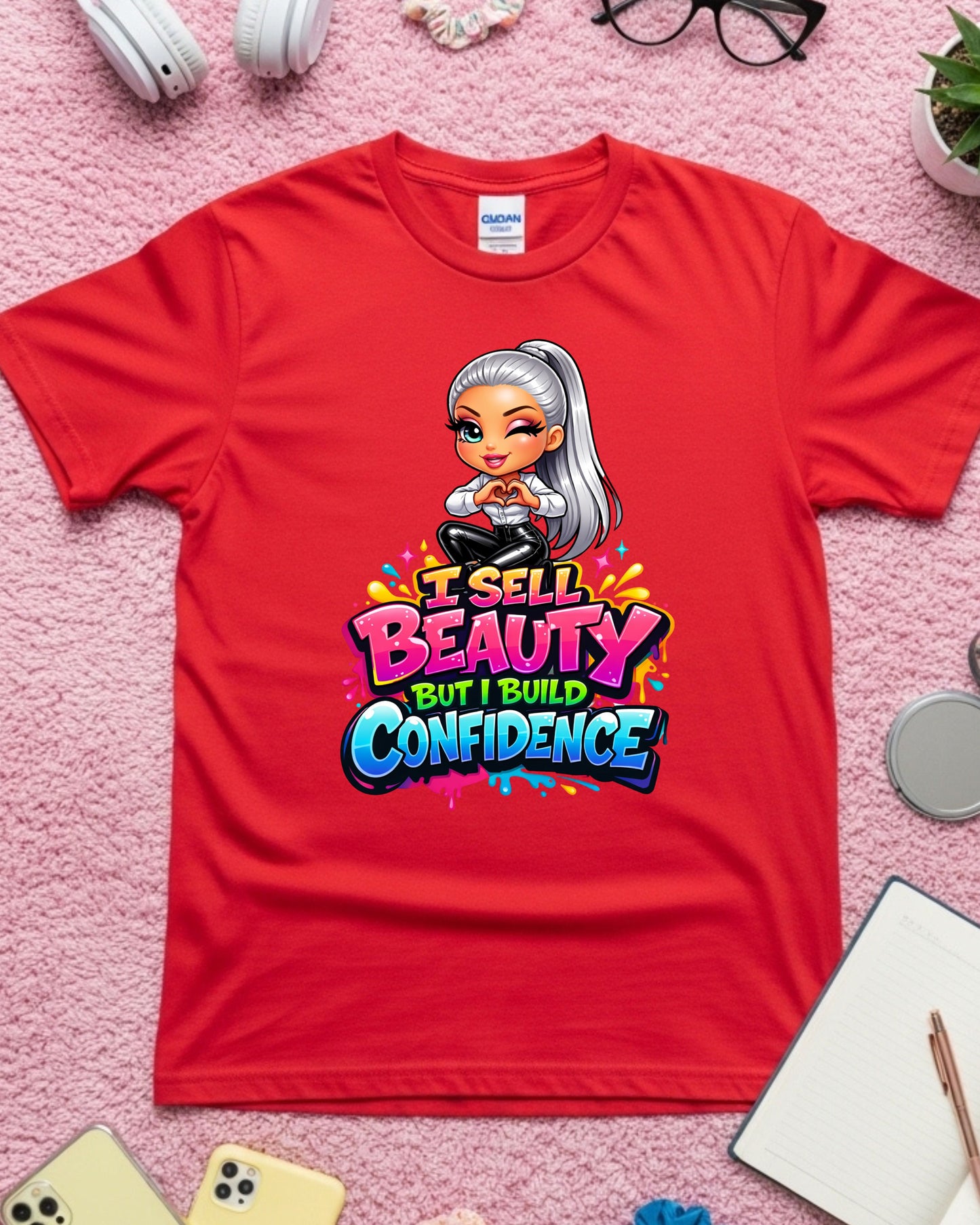 I Sell Beauty But I Build Confidence Shirt Empowering Beauty Pro Tee Stylist & Aesthetician T‑Shirt Makeup Artist Graphic Top Inspirational Gift for Women