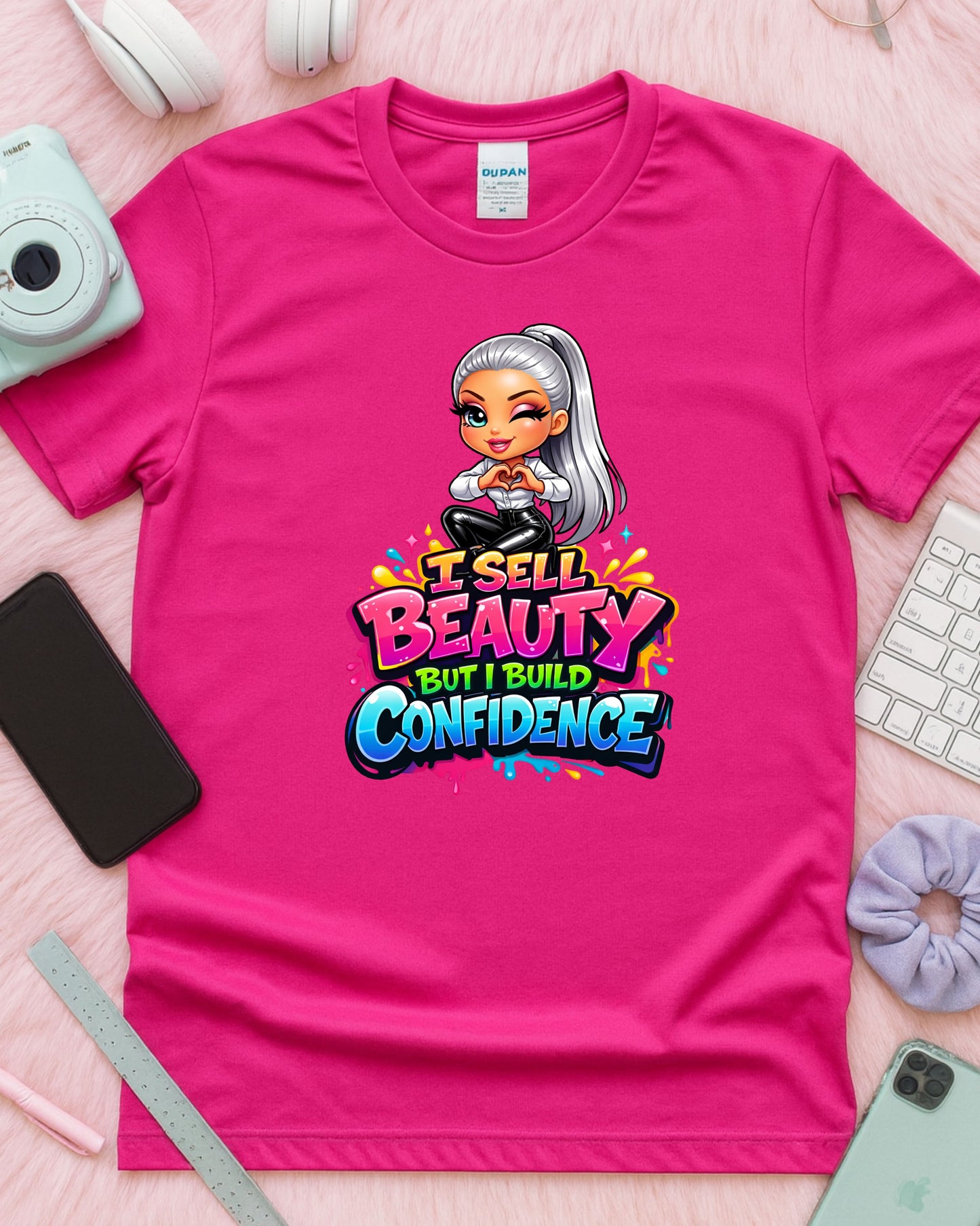 I Sell Beauty But I Build Confidence Shirt Empowering Beauty Pro Tee Stylist & Aesthetician T‑Shirt Makeup Artist Graphic Top Inspirational Gift for Women
