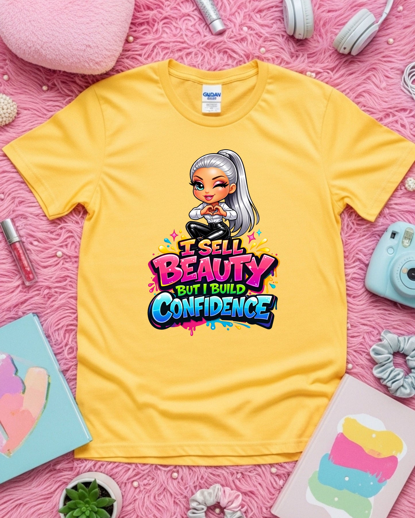 I Sell Beauty But I Build Confidence Shirt Empowering Beauty Pro Tee Stylist & Aesthetician T‑Shirt Makeup Artist Graphic Top Inspirational Gift for Women
