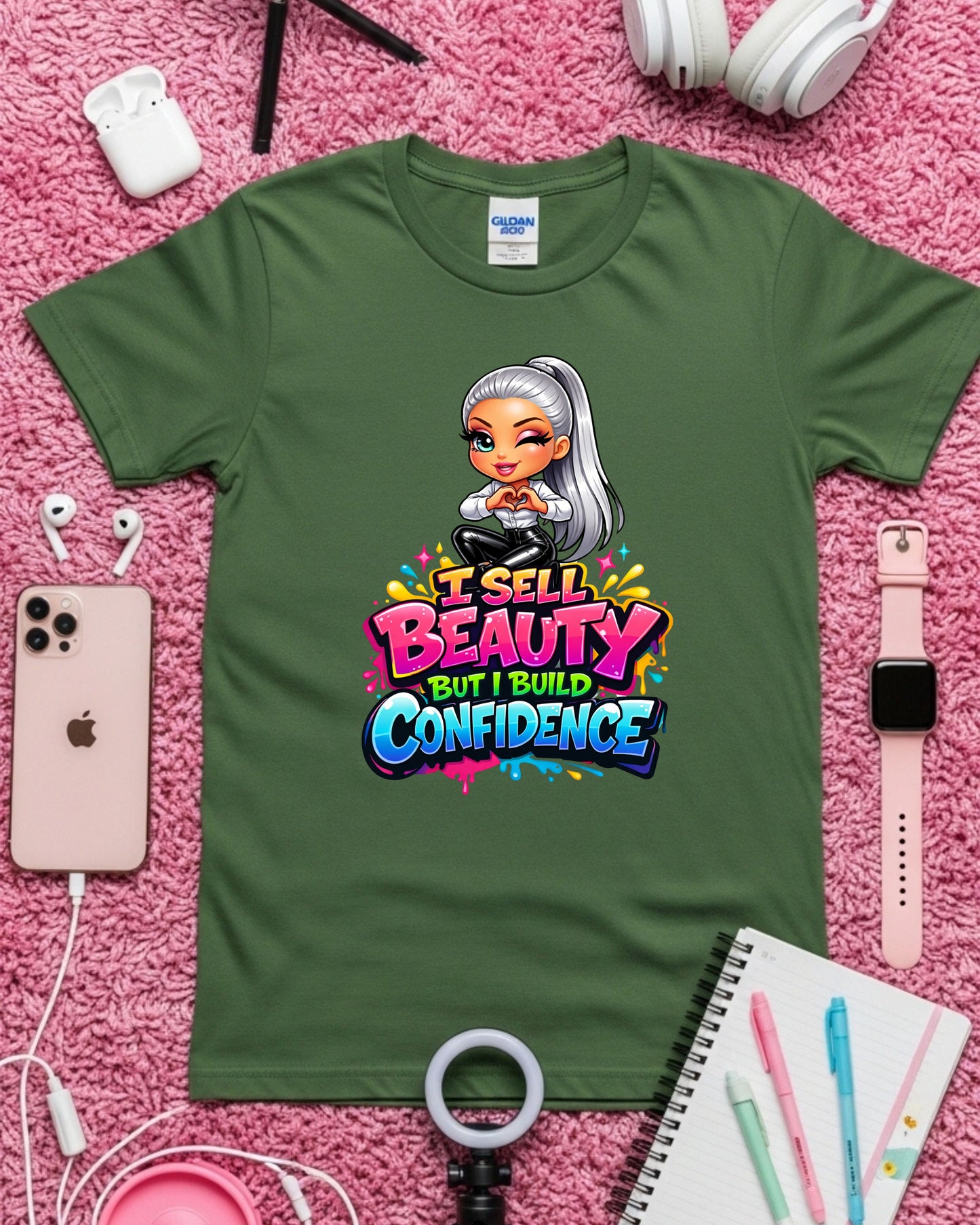 I Sell Beauty But I Build Confidence Shirt Empowering Beauty Pro Tee Stylist & Aesthetician T‑Shirt Makeup Artist Graphic Top Inspirational Gift for Women