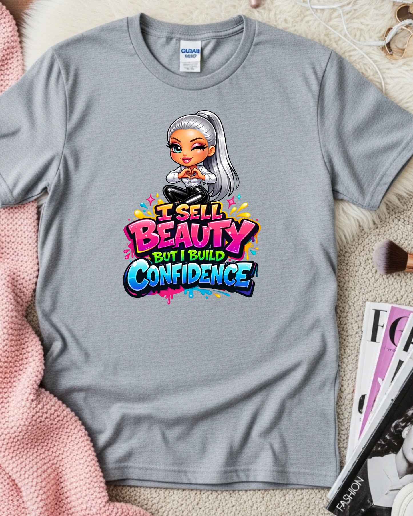 I Sell Beauty But I Build Confidence Shirt Empowering Beauty Pro Tee Stylist & Aesthetician T‑Shirt Makeup Artist Graphic Top Inspirational Gift for Women