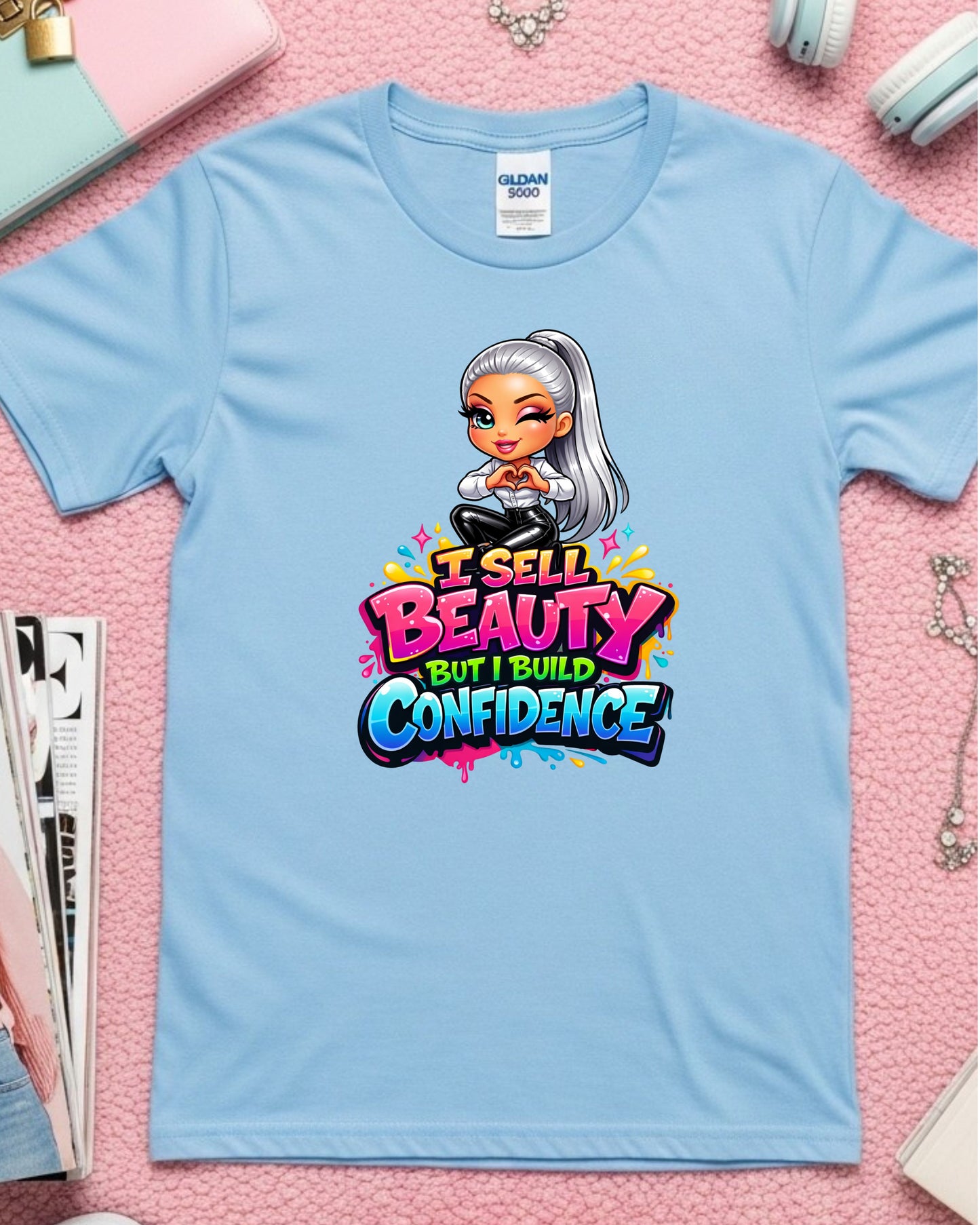 I Sell Beauty But I Build Confidence Shirt Empowering Beauty Pro Tee Stylist & Aesthetician T‑Shirt Makeup Artist Graphic Top Inspirational Gift for Women