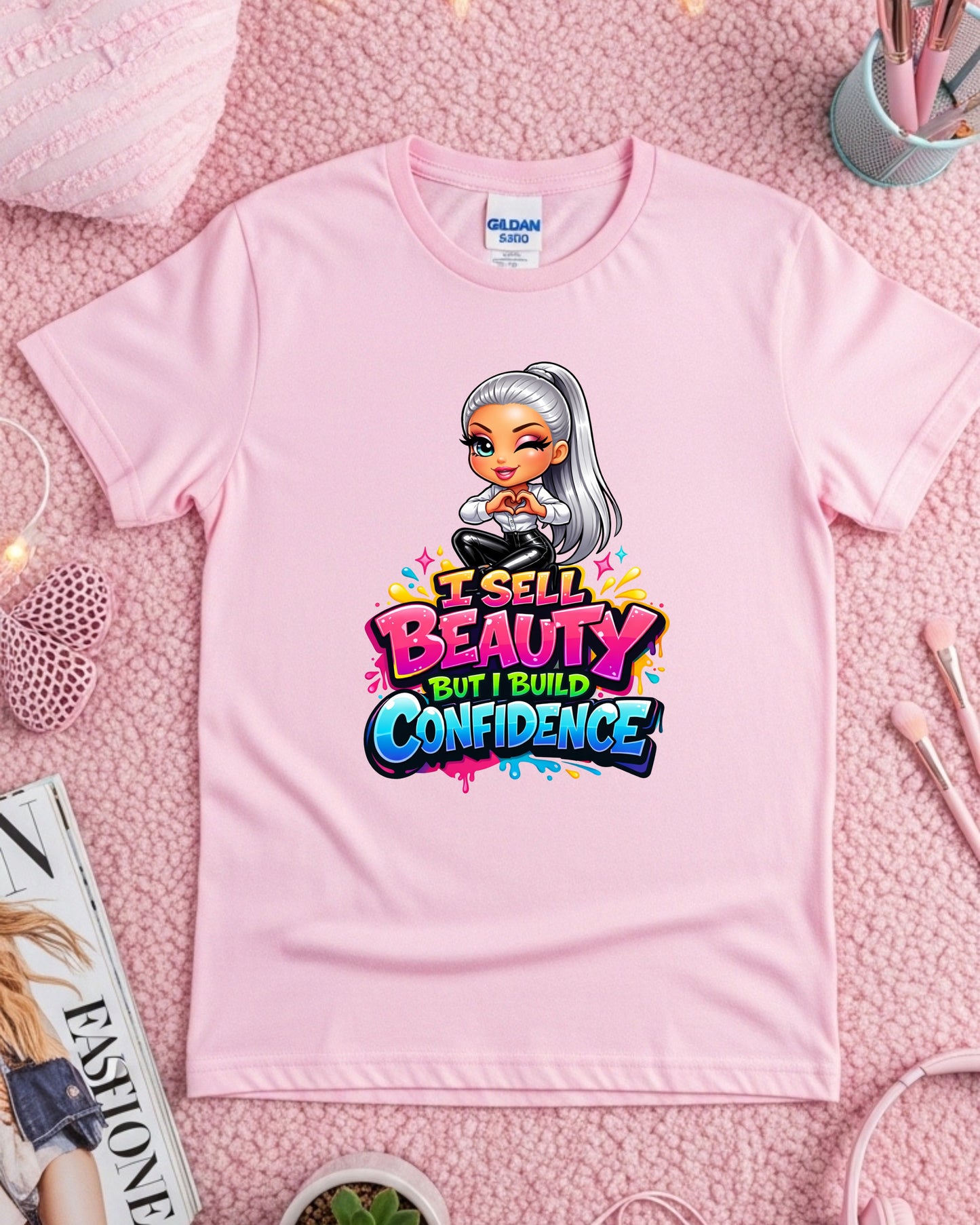 I Sell Beauty But I Build Confidence Shirt Empowering Beauty Pro Tee Stylist & Aesthetician T‑Shirt Makeup Artist Graphic Top Inspirational Gift for Women