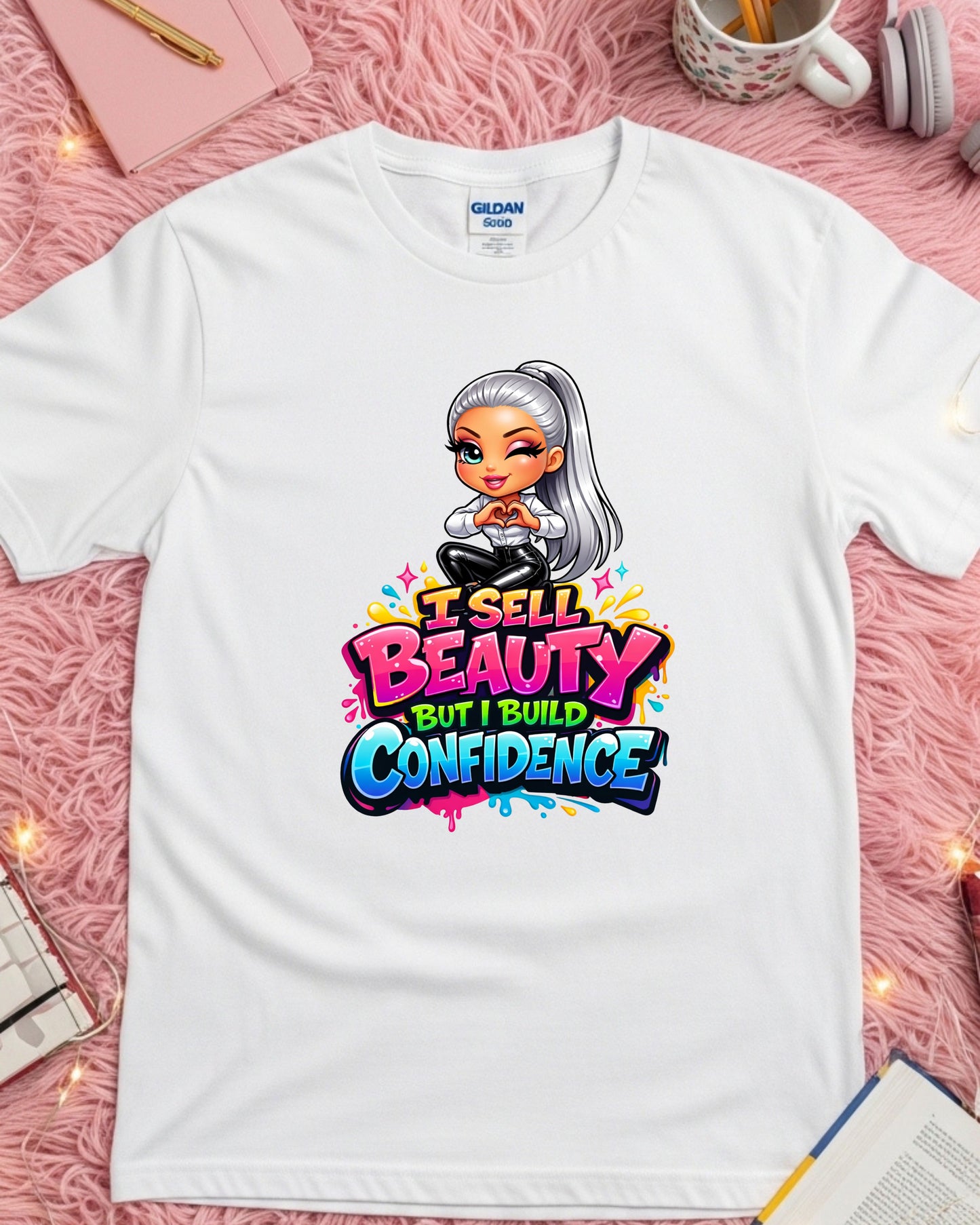 I Sell Beauty But I Build Confidence Shirt Empowering Beauty Pro Tee Stylist & Aesthetician T‑Shirt Makeup Artist Graphic Top Inspirational Gift for Women