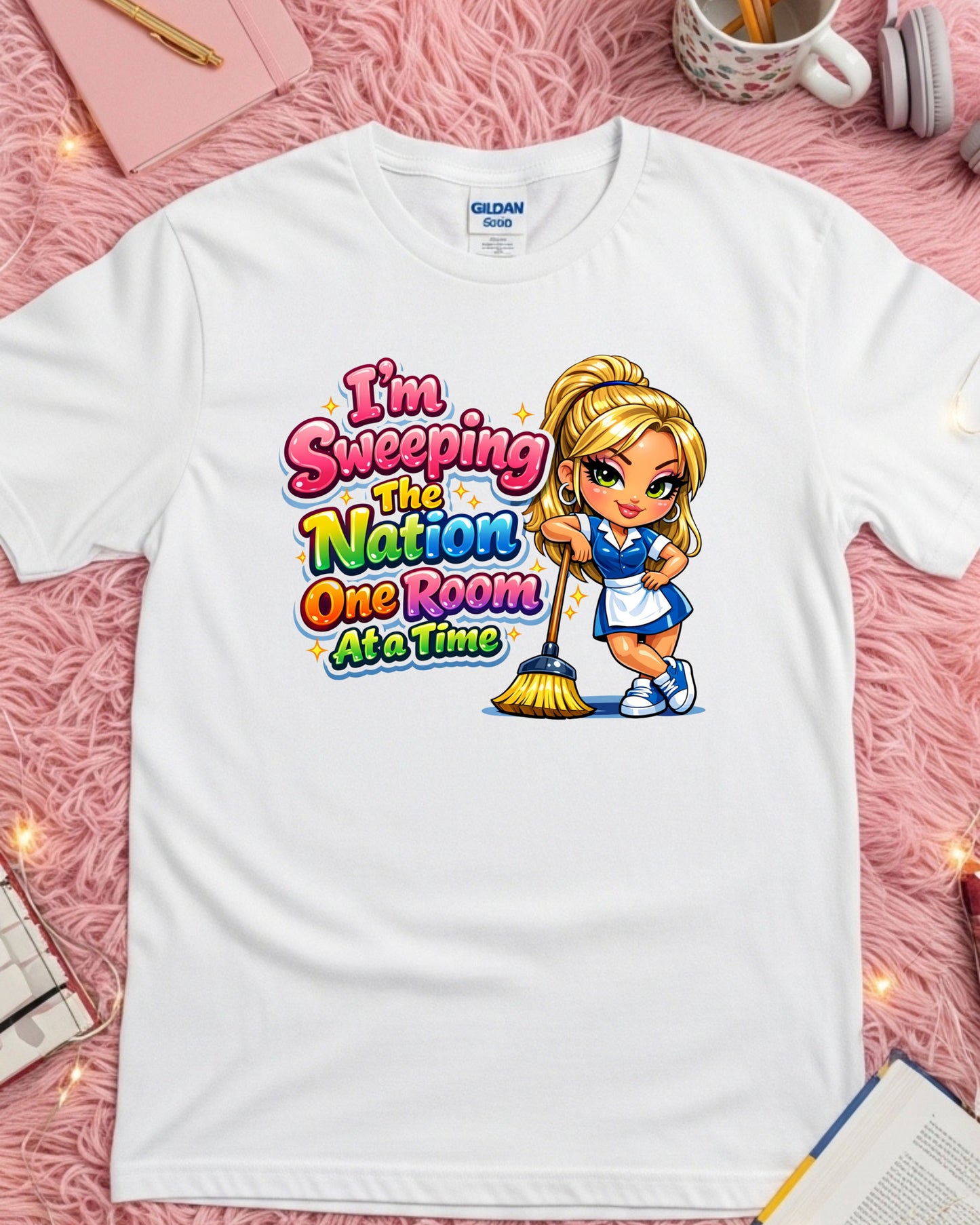 I’m Sweeping the Nation One Room at a Time Shirt Funny Cleaner Tee Housekeeper & Janitor T‑Shirt Cleaning Crew Graphic Top