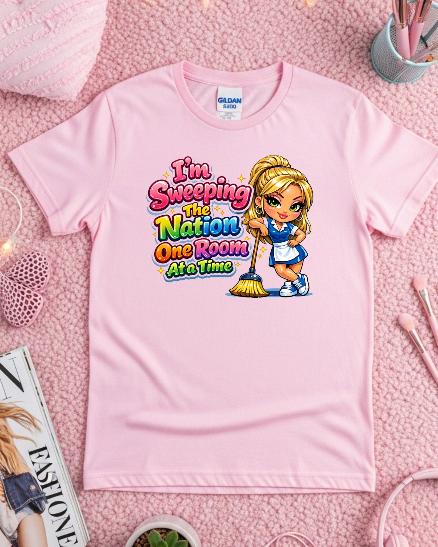 I’m Sweeping the Nation One Room at a Time Shirt Funny Cleaner Tee Housekeeper & Janitor T‑Shirt Cleaning Crew Graphic Top