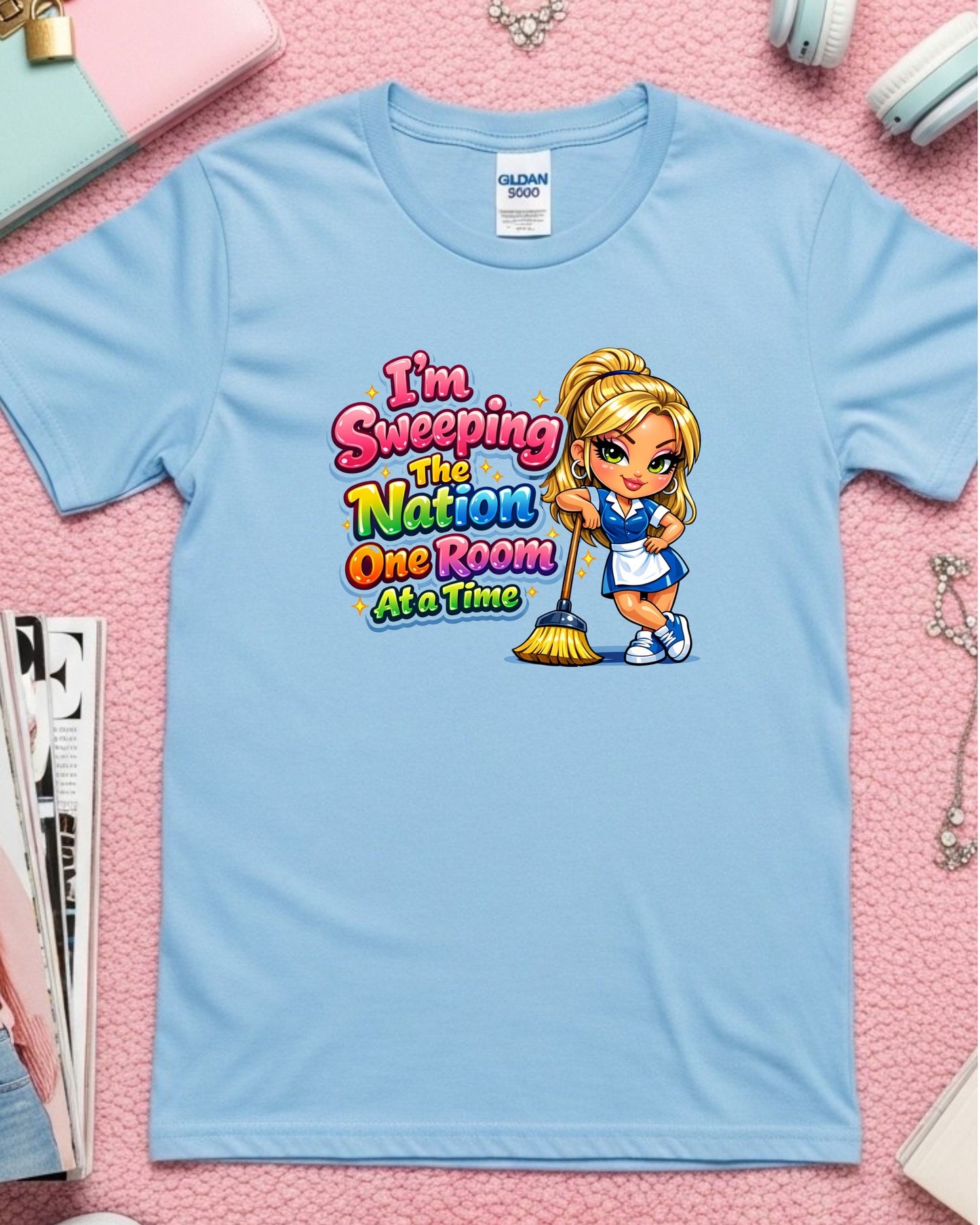 I’m Sweeping the Nation One Room at a Time Shirt Funny Cleaner Tee Housekeeper & Janitor T‑Shirt Cleaning Crew Graphic Top