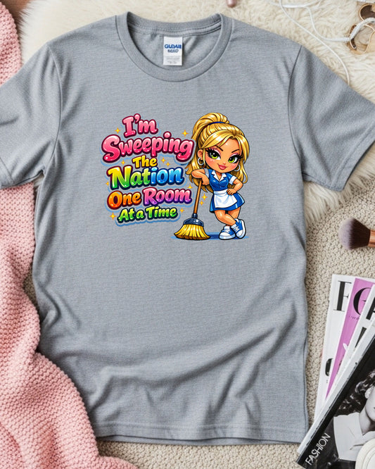 I’m Sweeping the Nation One Room at a Time Shirt Funny Cleaner Tee Housekeeper & Janitor T‑Shirt Cleaning Crew Graphic Top
