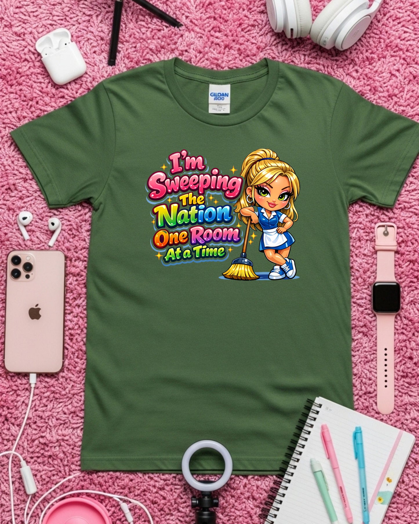 I’m Sweeping the Nation One Room at a Time Shirt Funny Cleaner Tee Housekeeper & Janitor T‑Shirt Cleaning Crew Graphic Top