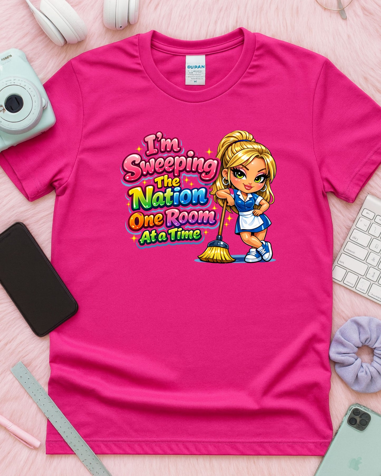 I’m Sweeping the Nation One Room at a Time Shirt Funny Cleaner Tee Housekeeper & Janitor T‑Shirt Cleaning Crew Graphic Top