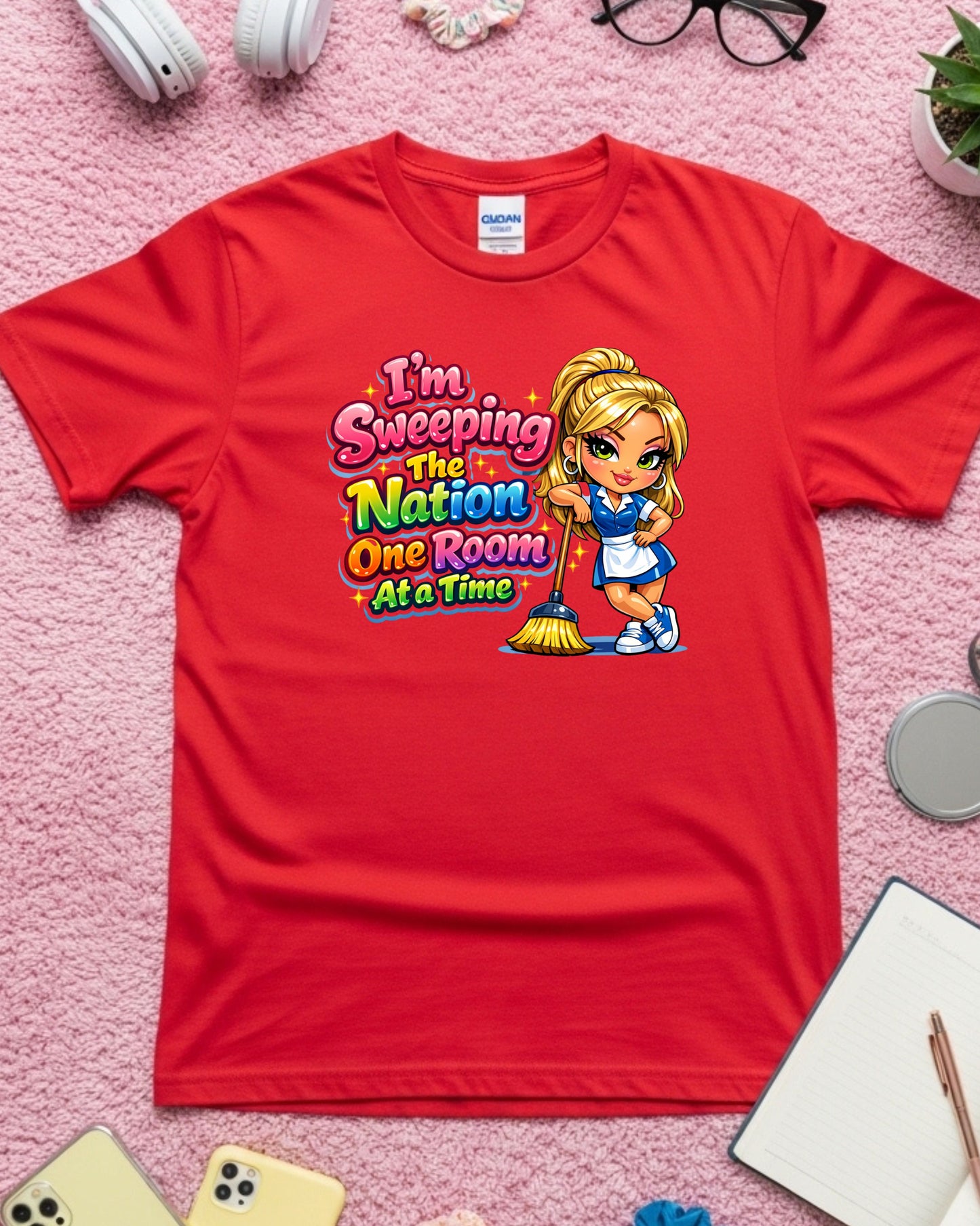 I’m Sweeping the Nation One Room at a Time Shirt Funny Cleaner Tee Housekeeper & Janitor T‑Shirt Cleaning Crew Graphic Top