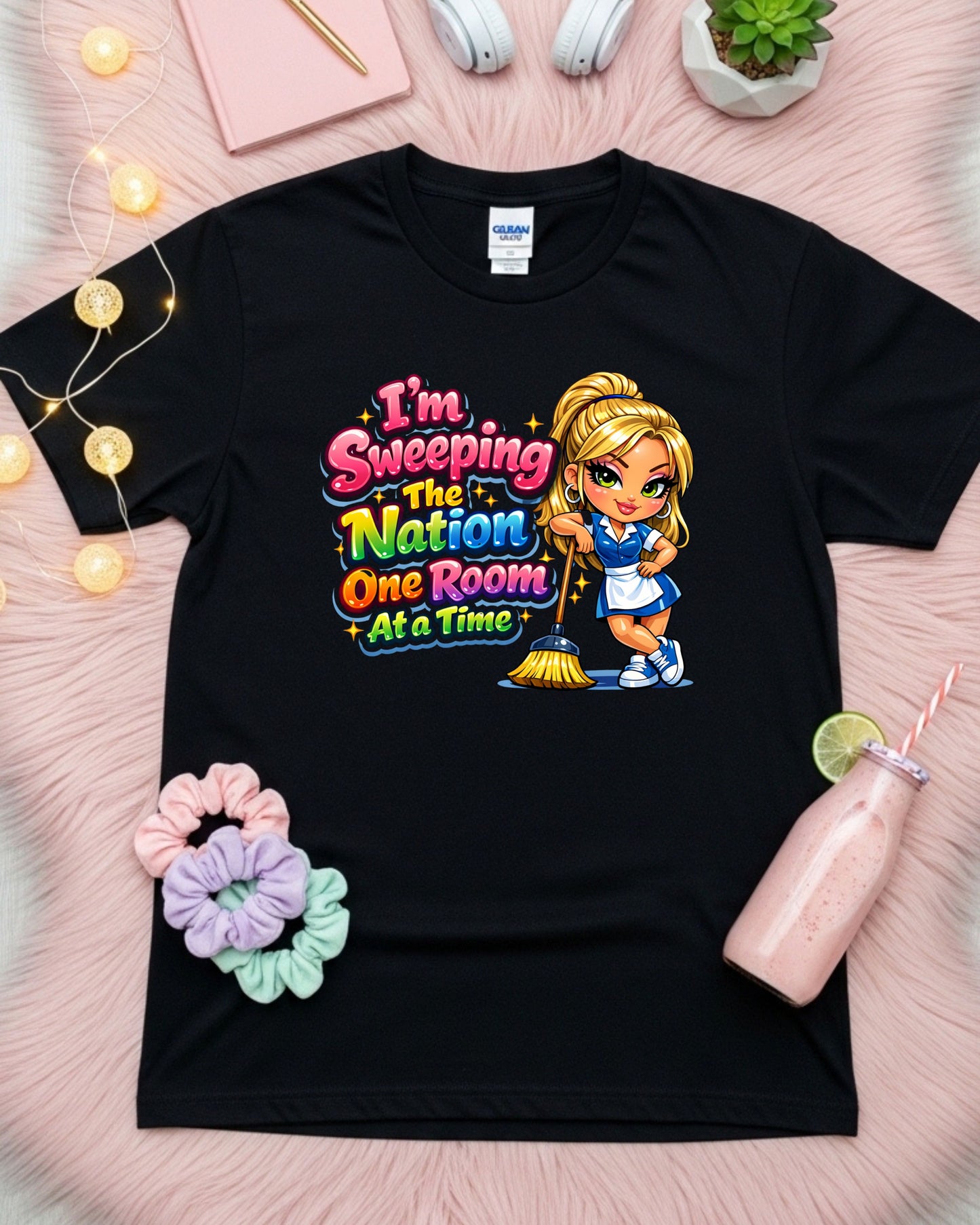 I’m Sweeping the Nation One Room at a Time Shirt Funny Cleaner Tee Housekeeper & Janitor T‑Shirt Cleaning Crew Graphic Top