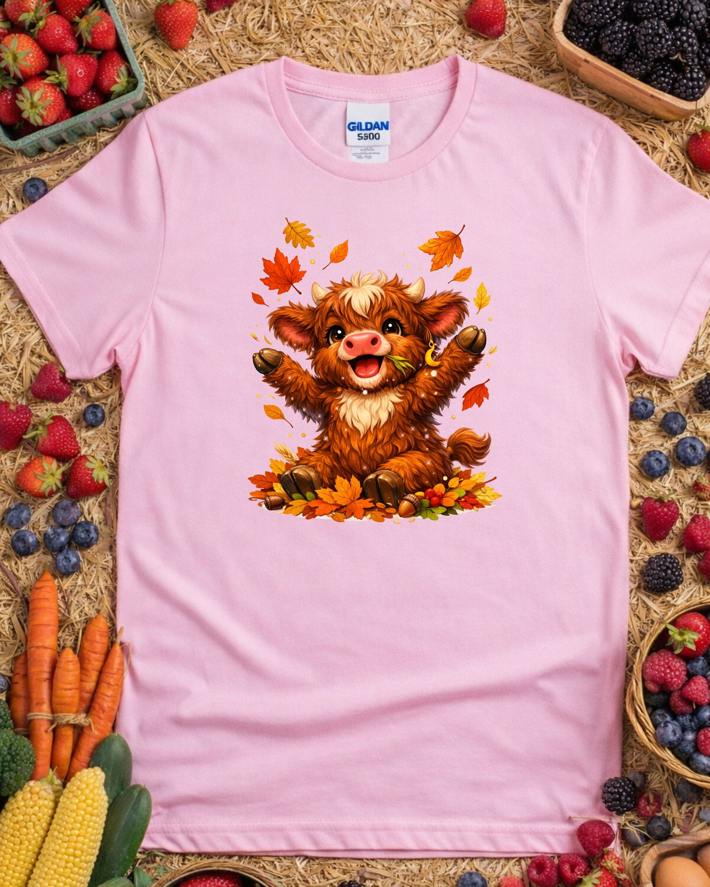 Autumn Highland Cow Clipart – Cute Fall Cow PNG, Kawaii Baby Cow Illustration, Rustic Fall Leaves Animal Art for Sublimation & Kids Decor