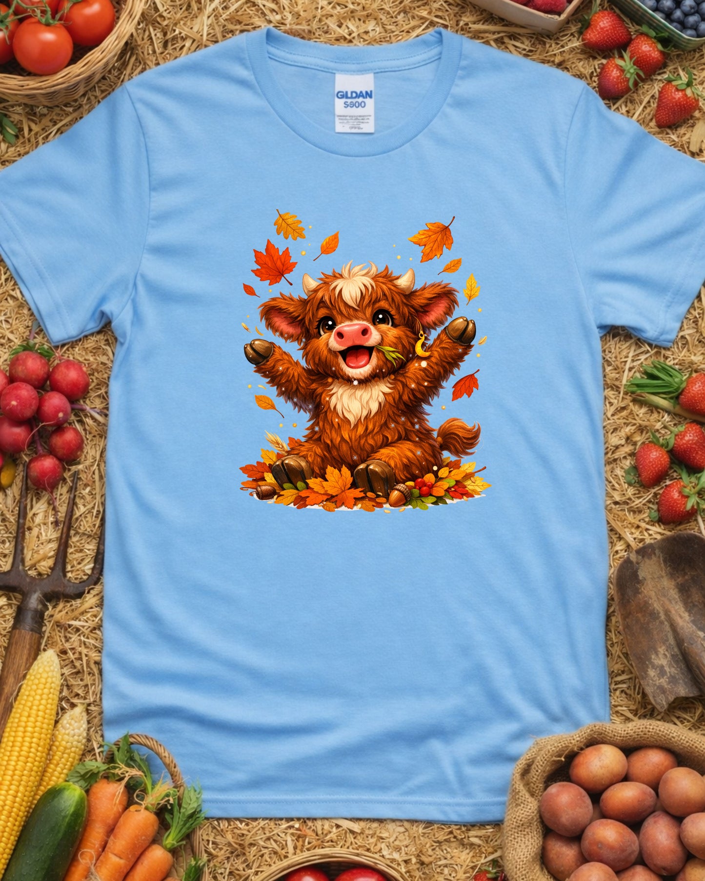 Autumn Highland Cow Clipart – Cute Fall Cow PNG, Kawaii Baby Cow Illustration, Rustic Fall Leaves Animal Art for Sublimation & Kids Decor