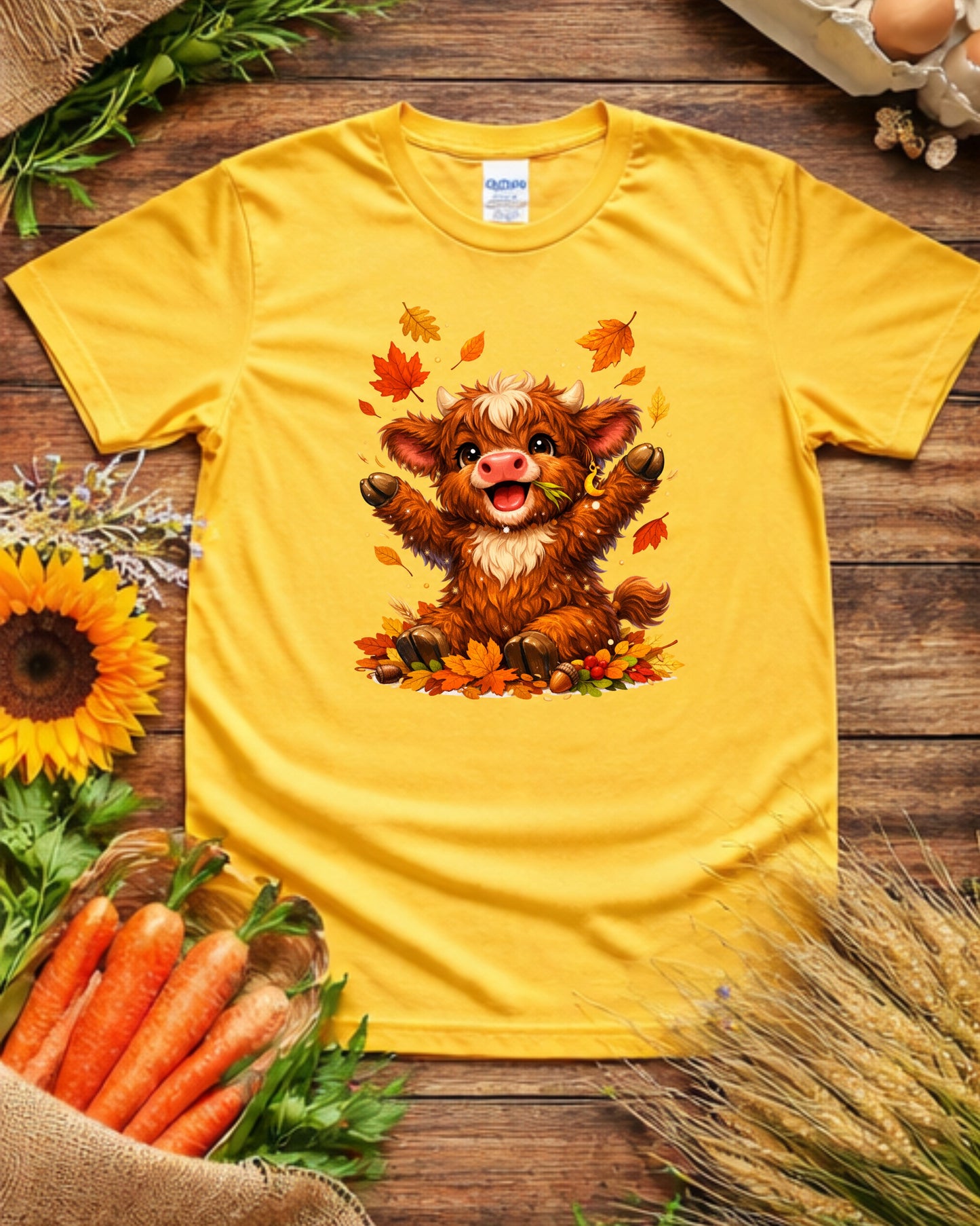 Autumn Highland Cow Clipart – Cute Fall Cow PNG, Kawaii Baby Cow Illustration, Rustic Fall Leaves Animal Art for Sublimation & Kids Decor