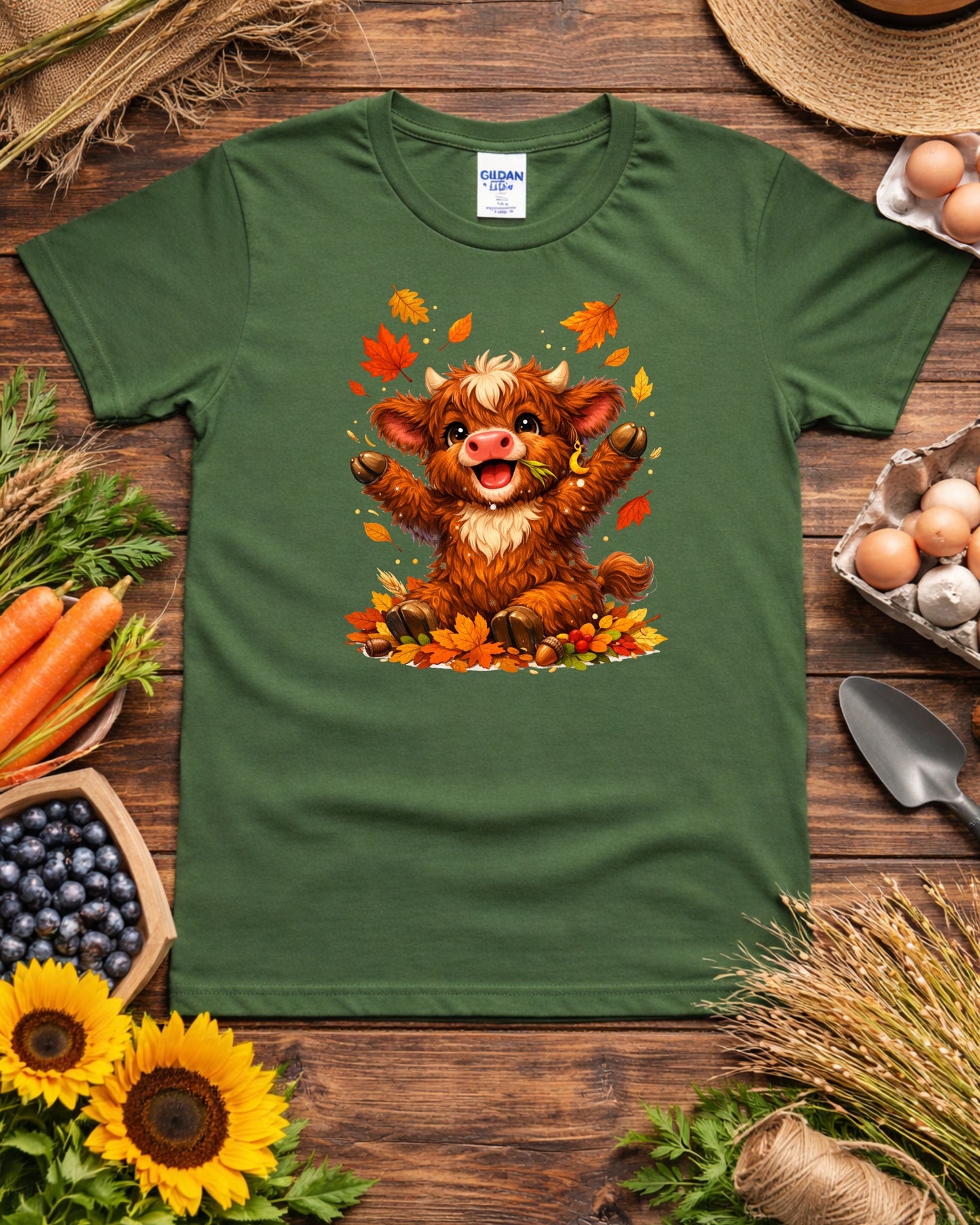 Autumn Highland Cow Clipart – Cute Fall Cow PNG, Kawaii Baby Cow Illustration, Rustic Fall Leaves Animal Art for Sublimation & Kids Decor