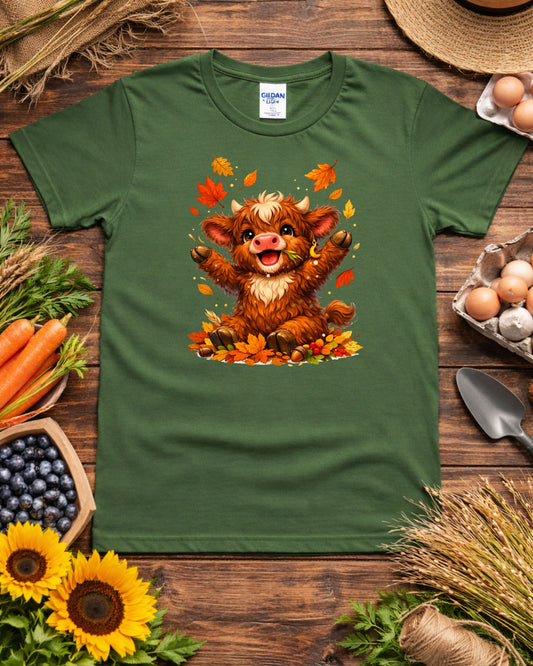 Autumn Highland Cow Clipart – Cute Fall Cow PNG, Kawaii Baby Cow Illustration, Rustic Fall Leaves Animal Art for Sublimation & Kids Decor