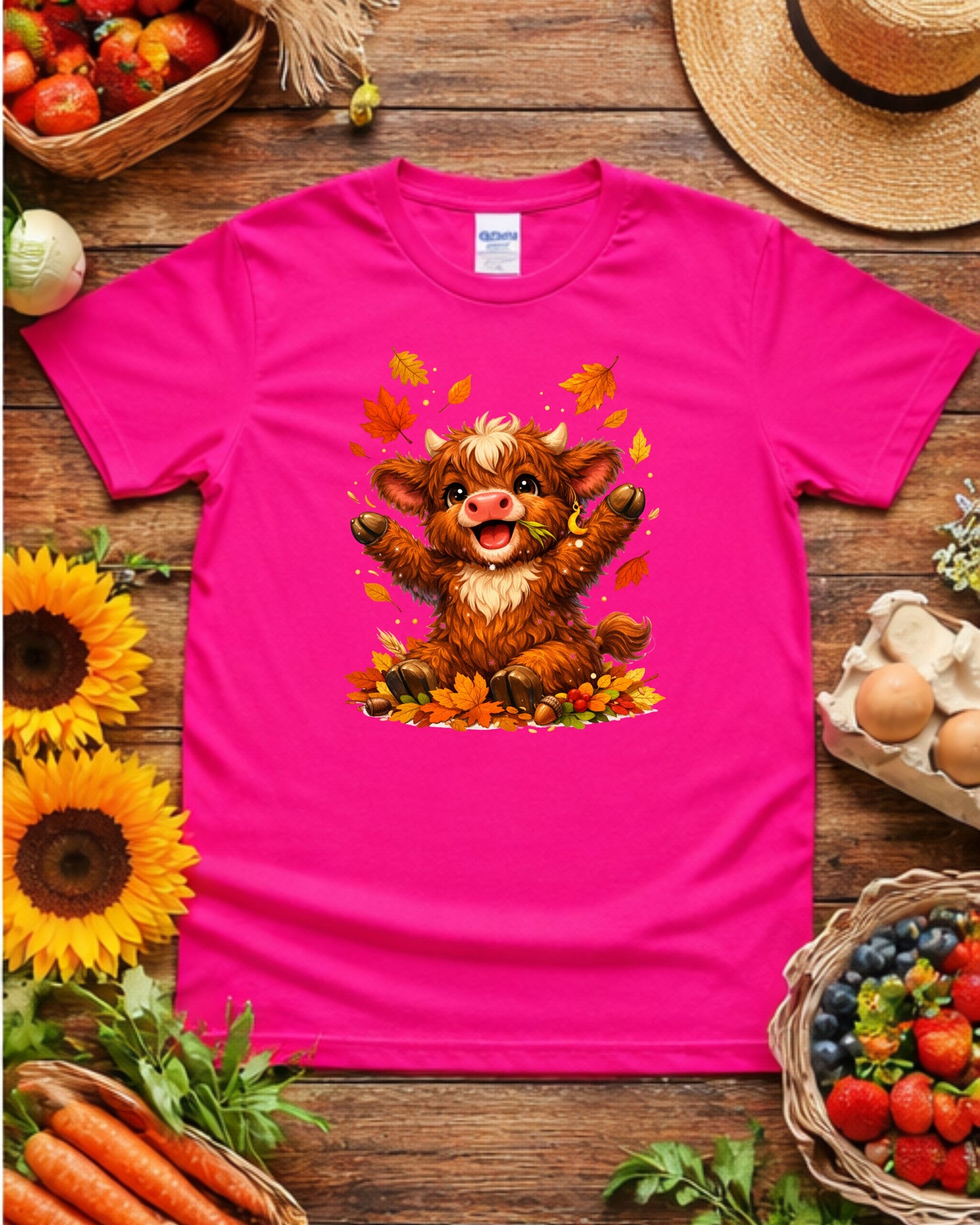 Autumn Highland Cow Clipart – Cute Fall Cow PNG, Kawaii Baby Cow Illustration, Rustic Fall Leaves Animal Art for Sublimation & Kids Decor