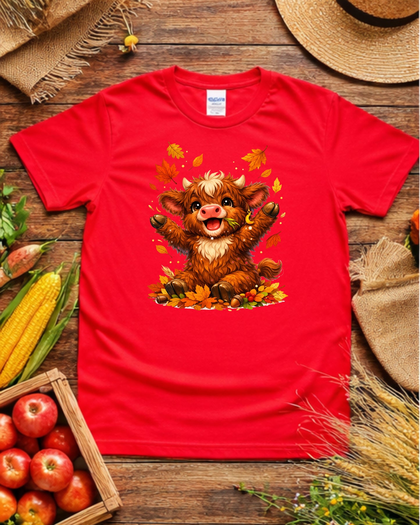 Autumn Highland Cow Clipart – Cute Fall Cow PNG, Kawaii Baby Cow Illustration, Rustic Fall Leaves Animal Art for Sublimation & Kids Decor