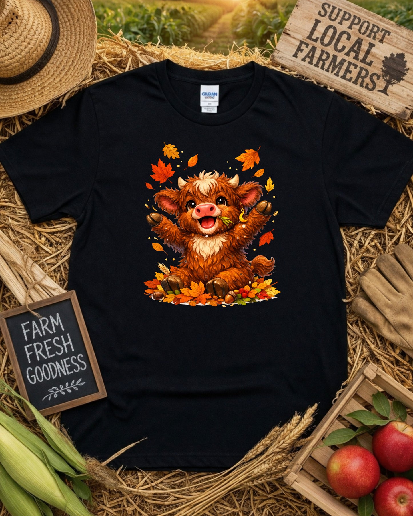 Autumn Highland Cow Clipart – Cute Fall Cow PNG, Kawaii Baby Cow Illustration, Rustic Fall Leaves Animal Art for Sublimation & Kids Decor