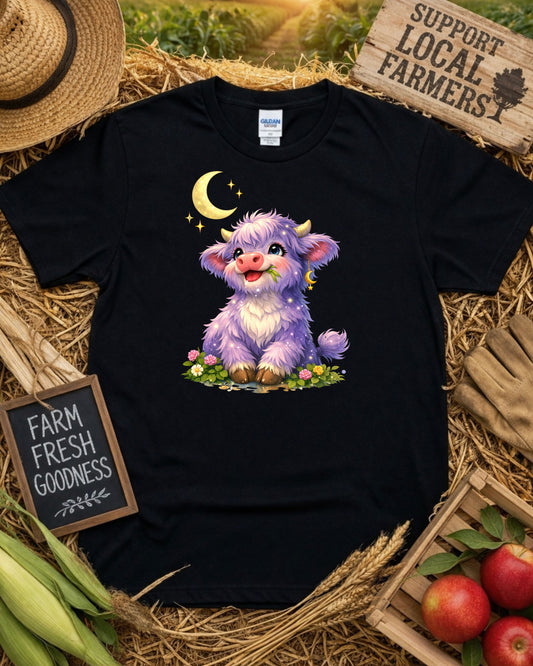 Moonlit Highland Cow Clipart – Cute Purple Cow, Kawaii Fantasy Cow Illustration, Celestial Animal Art for Sublimation & Nursery Decor