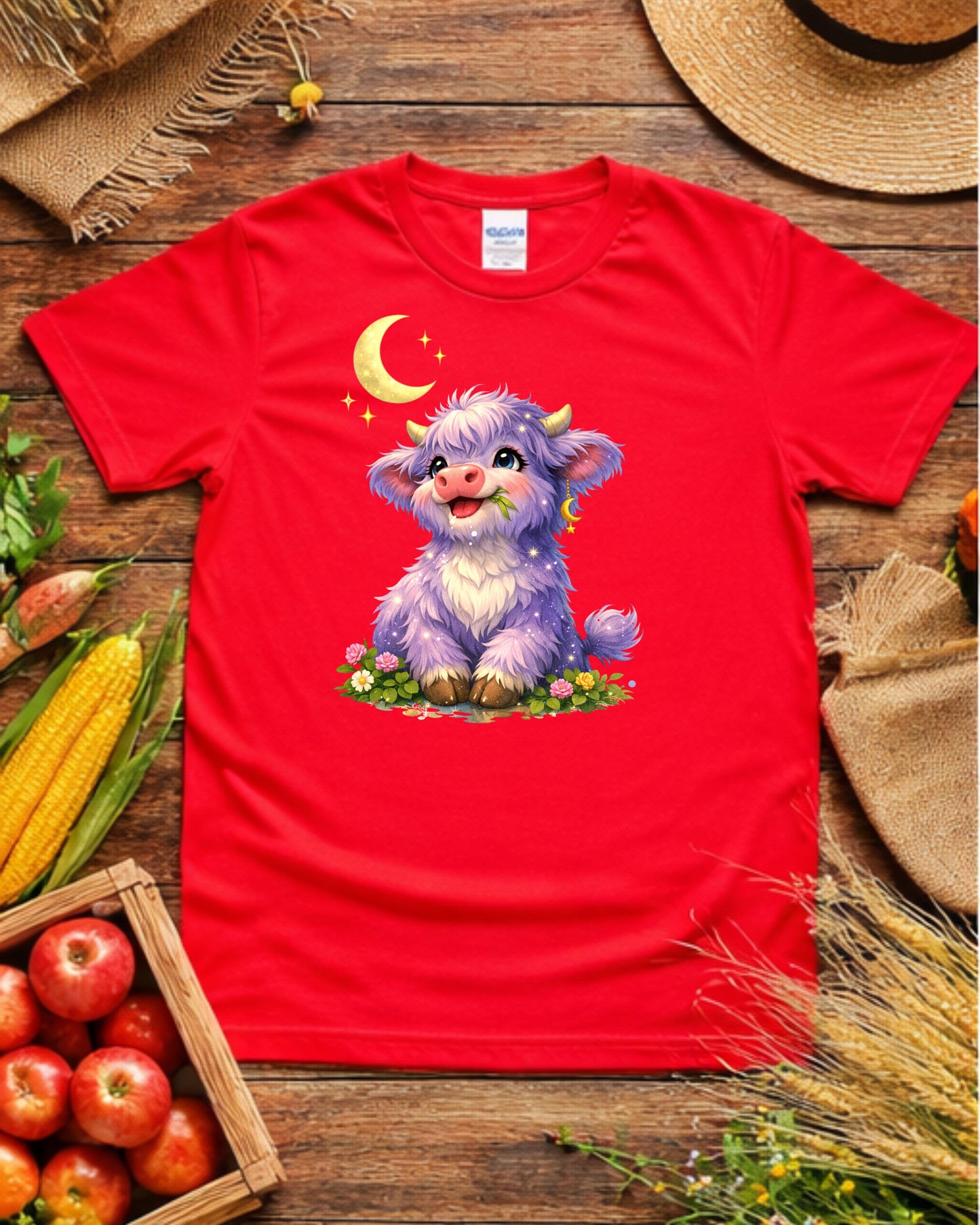 Moonlit Highland Cow Clipart – Cute Purple Cow, Kawaii Fantasy Cow Illustration, Celestial Animal Art for Sublimation & Nursery Decor