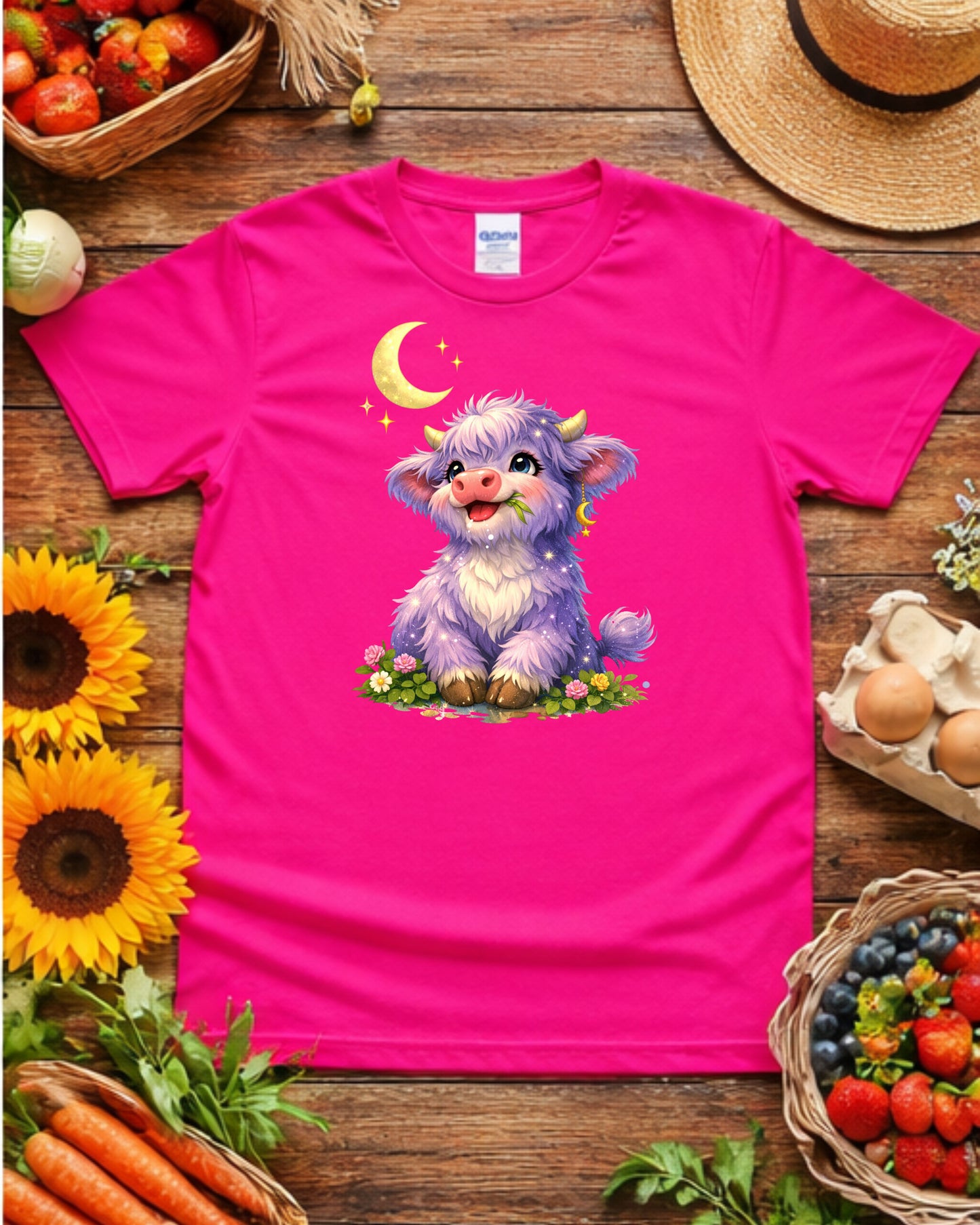 Moonlit Highland Cow Clipart – Cute Purple Cow, Kawaii Fantasy Cow Illustration, Celestial Animal Art for Sublimation & Nursery Decor