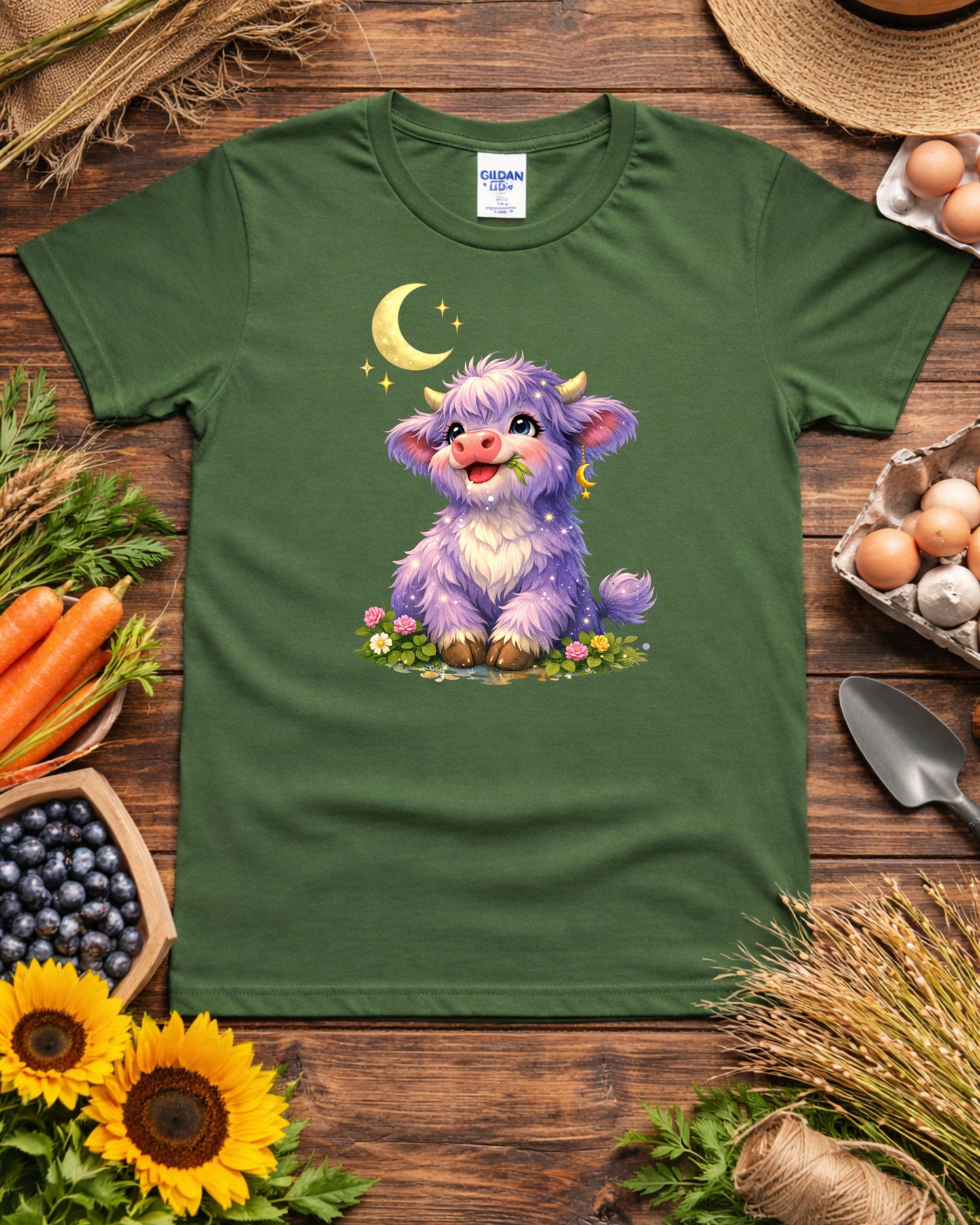 Moonlit Highland Cow Clipart – Cute Purple Cow, Kawaii Fantasy Cow Illustration, Celestial Animal Art for Sublimation & Nursery Decor