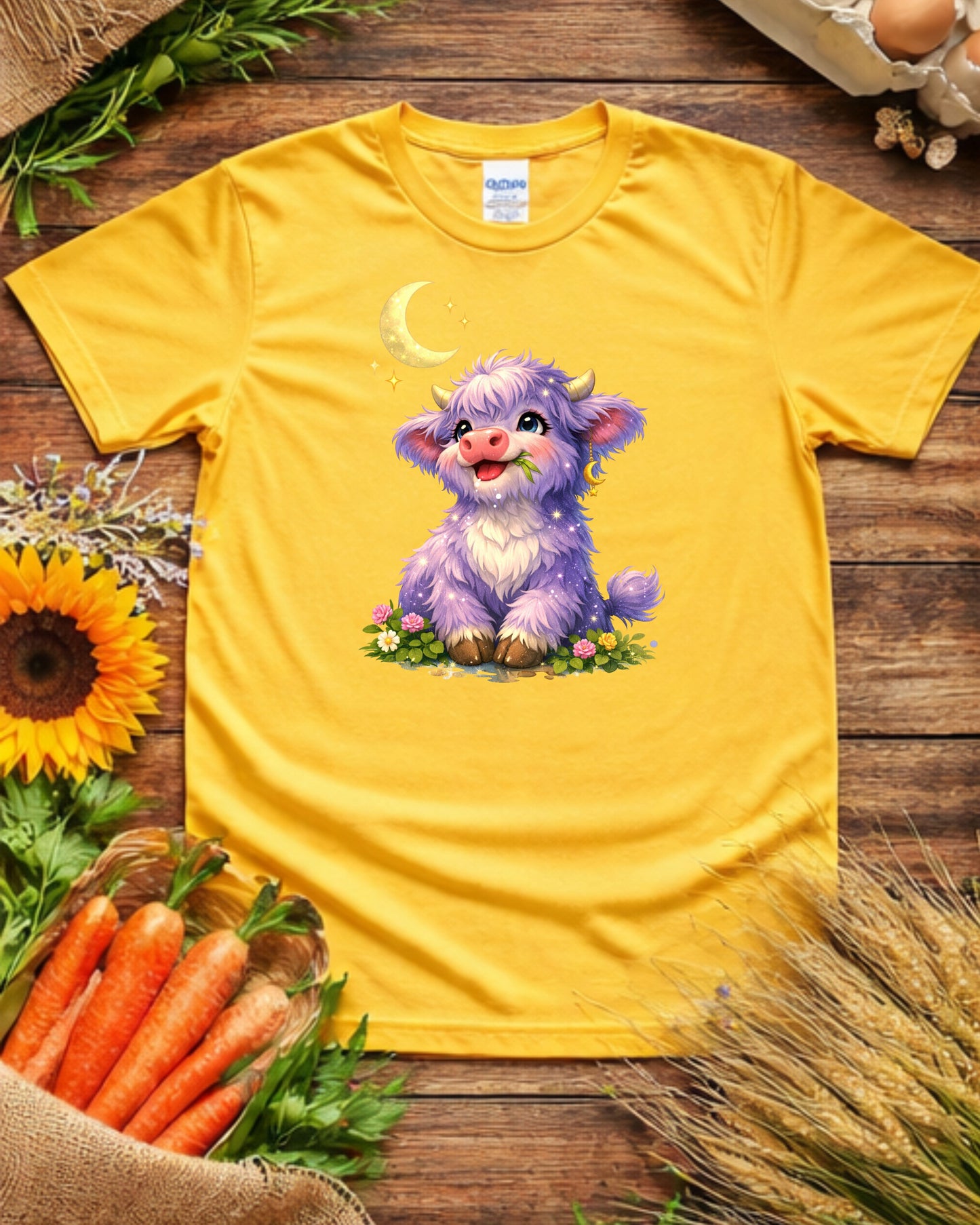 Moonlit Highland Cow Clipart – Cute Purple Cow, Kawaii Fantasy Cow Illustration, Celestial Animal Art for Sublimation & Nursery Decor