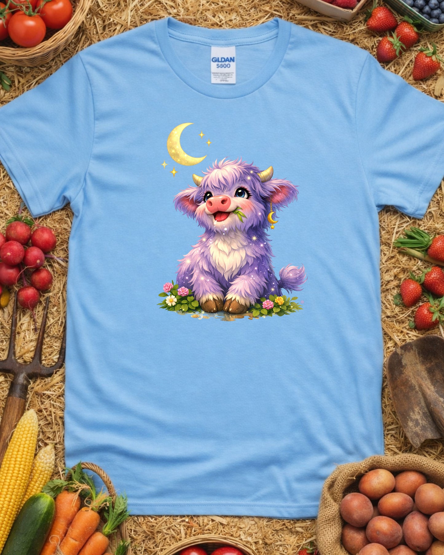 Moonlit Highland Cow Clipart – Cute Purple Cow, Kawaii Fantasy Cow Illustration, Celestial Animal Art for Sublimation & Nursery Decor