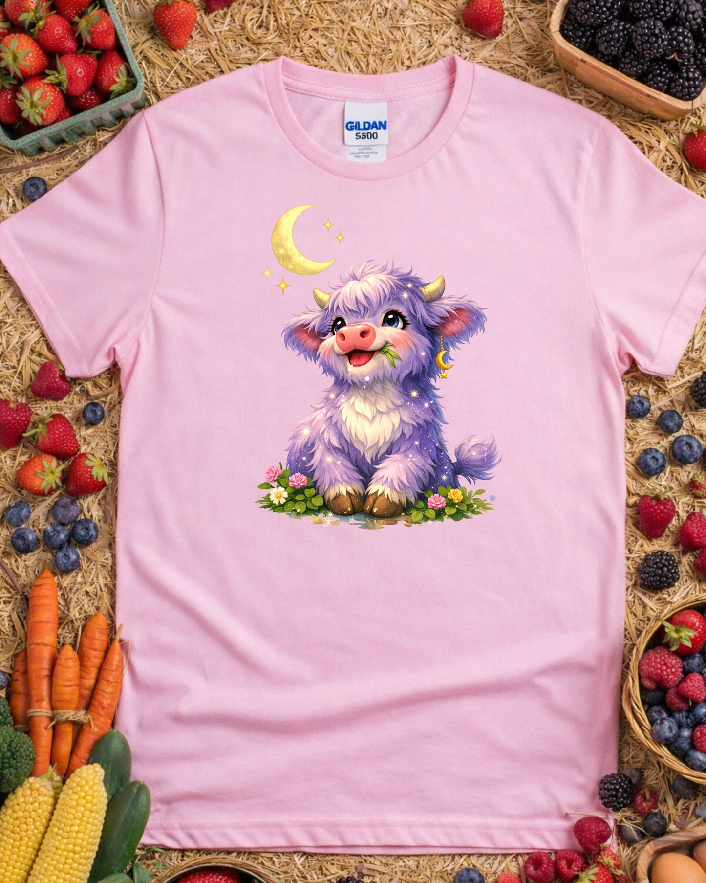 Moonlit Highland Cow Clipart – Cute Purple Cow, Kawaii Fantasy Cow Illustration, Celestial Animal Art for Sublimation & Nursery Decor