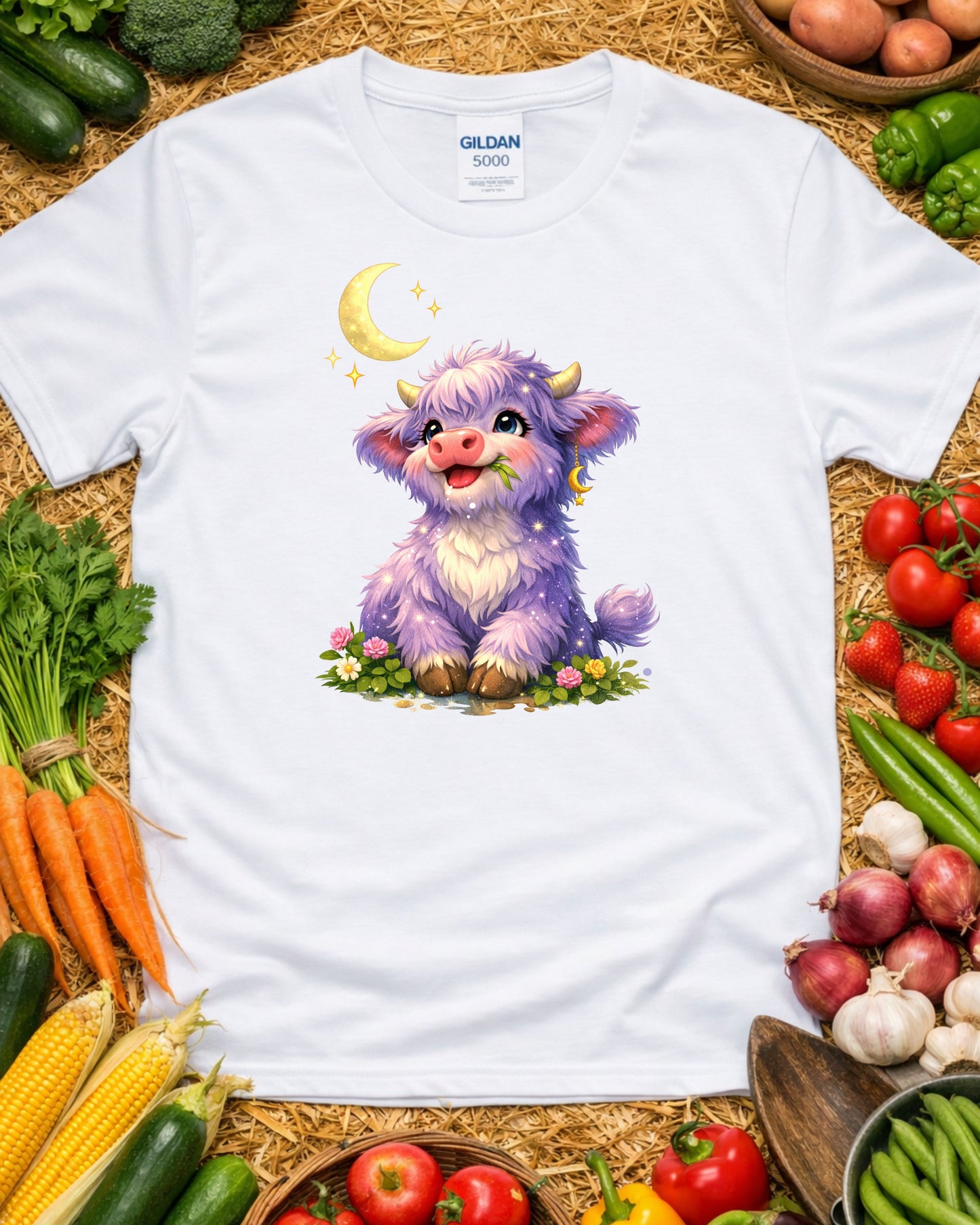 Moonlit Highland Cow Clipart – Cute Purple Cow, Kawaii Fantasy Cow Illustration, Celestial Animal Art for Sublimation & Nursery Decor