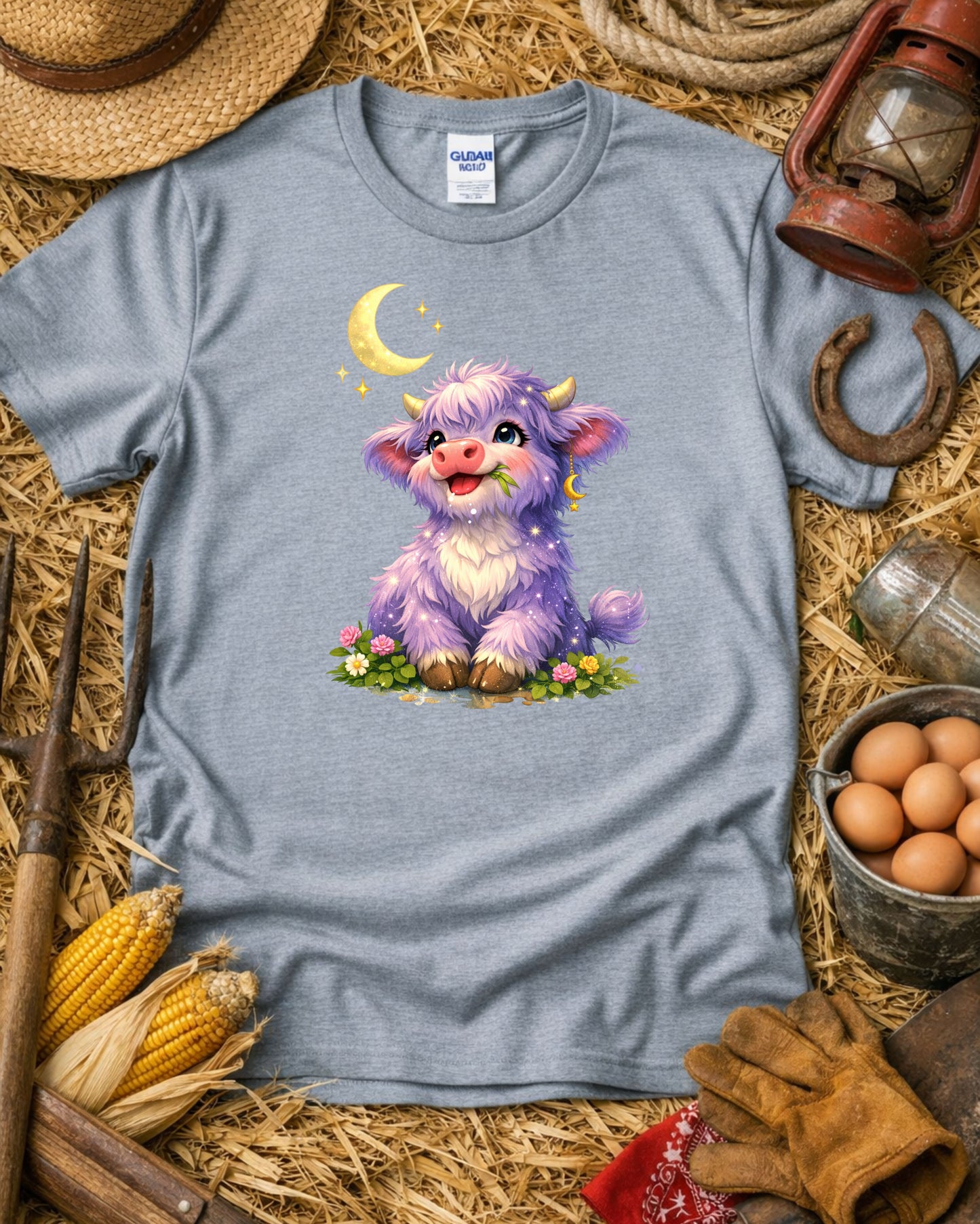 Moonlit Highland Cow Clipart – Cute Purple Cow, Kawaii Fantasy Cow Illustration, Celestial Animal Art for Sublimation & Nursery Decor